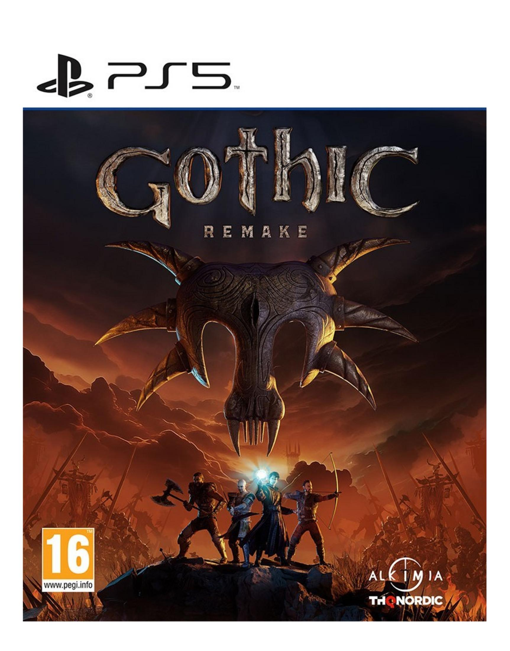 PS5-Spielcover 'Gothic Remake' mit vier Figuren und einem stilisierten Schädel im Hintergrund.