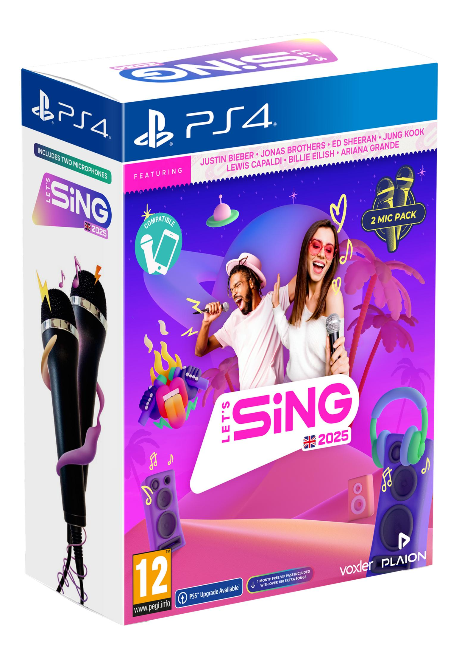 Confezione gioco PS4 Let's Sing 2025 con microfoni e artisti.