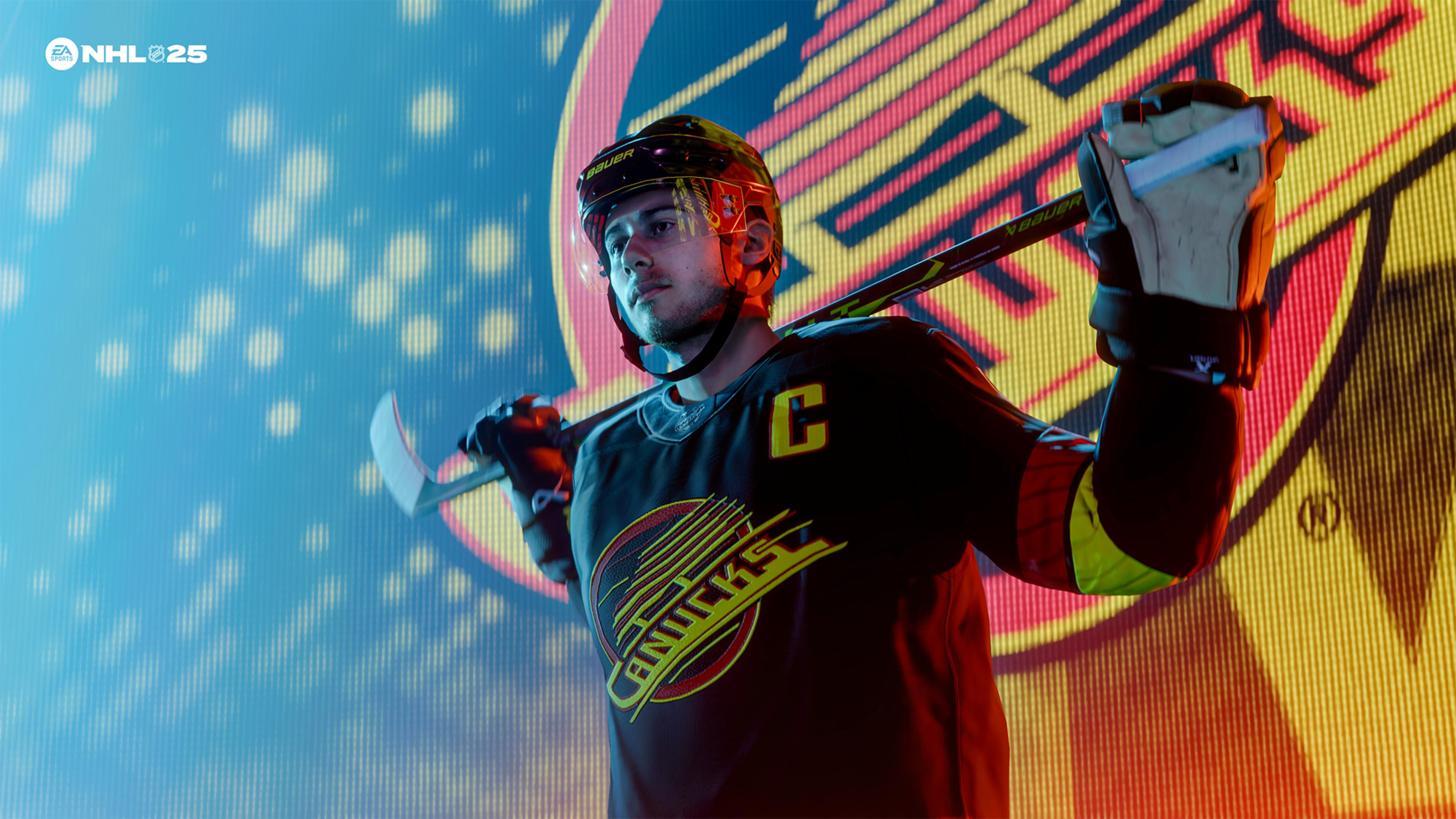 Eishockeyspieler im Vancouver Canucks Trikot hält Schläger. EA Sports NHL 25 Logo.