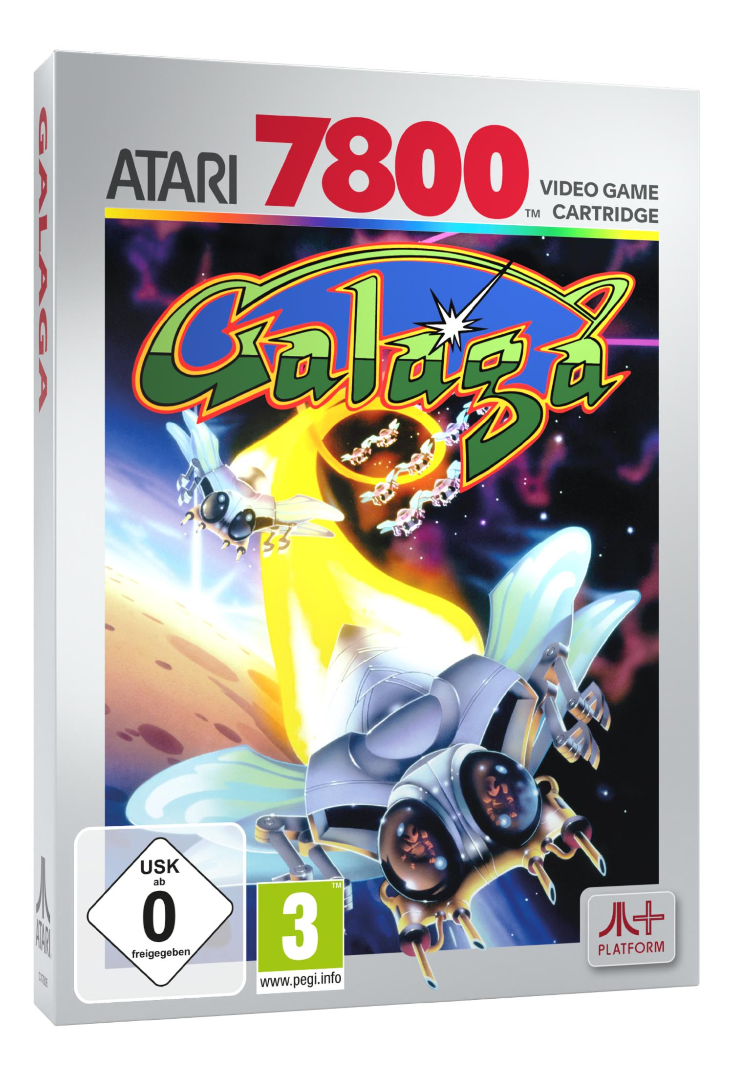 Okładka gry wideo Atari 7800 Galaga ze statkami kosmicznymi i gwiazdami.