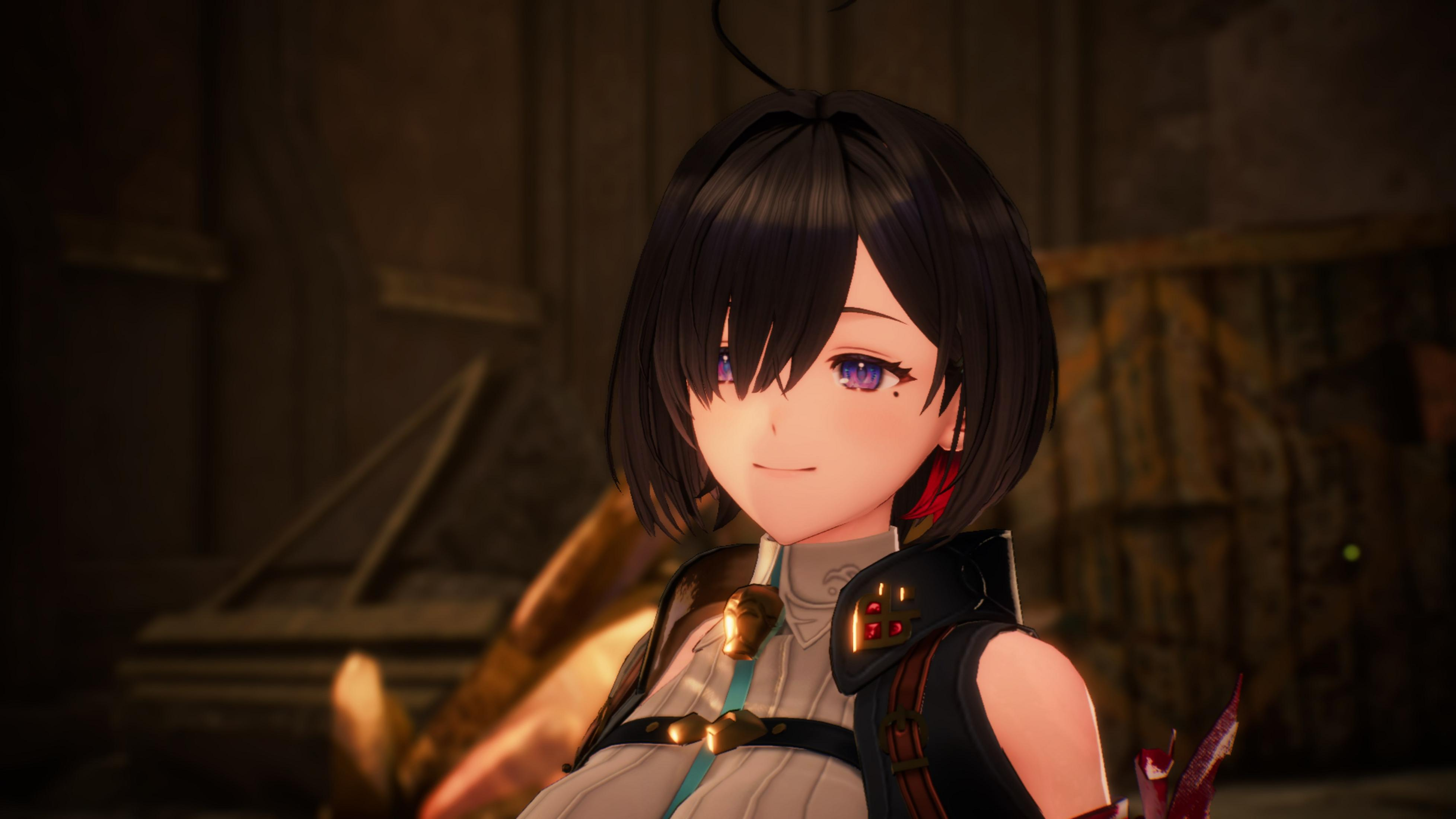 Personaje de anime con pelo corto negro, ojos morados y leve sonrisa.