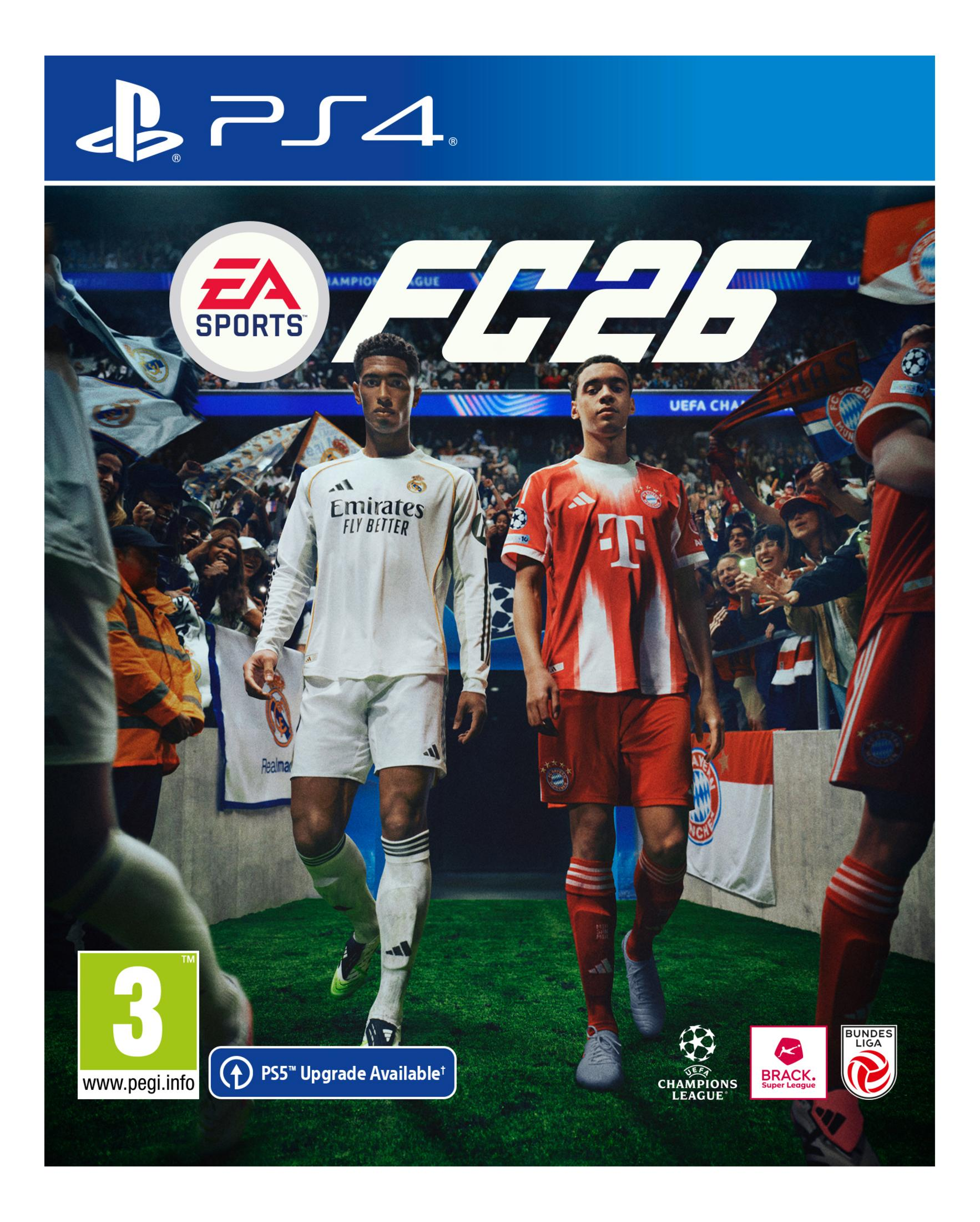 Copertina EA SPORTS FC 26: Due calciatori in divisa entrano, logo PS4 in alto.