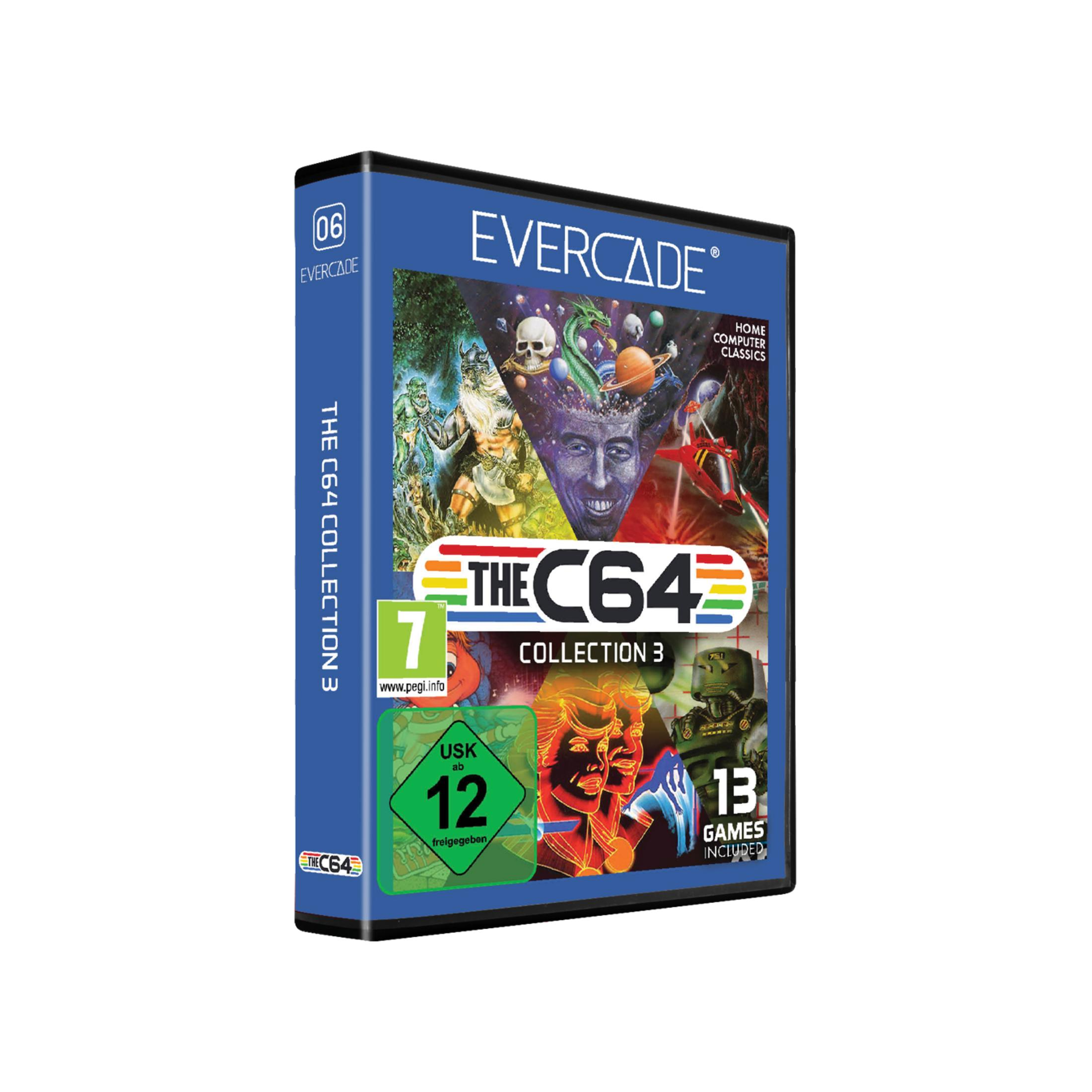 Custodia gioco Evercade con copertina "The C64 Collection 3", mostra un collage di scene di gioco.