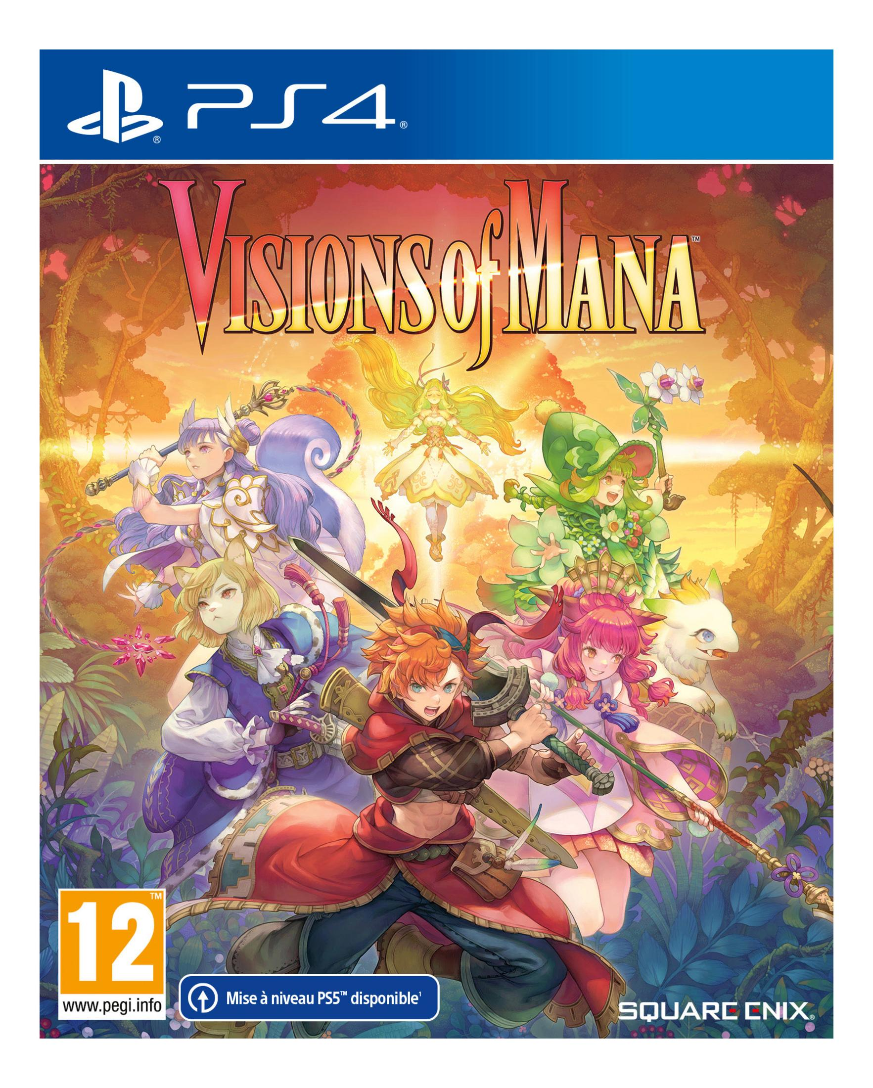 Copertina del gioco Visions of Mana per PS4 con personaggi e logo.