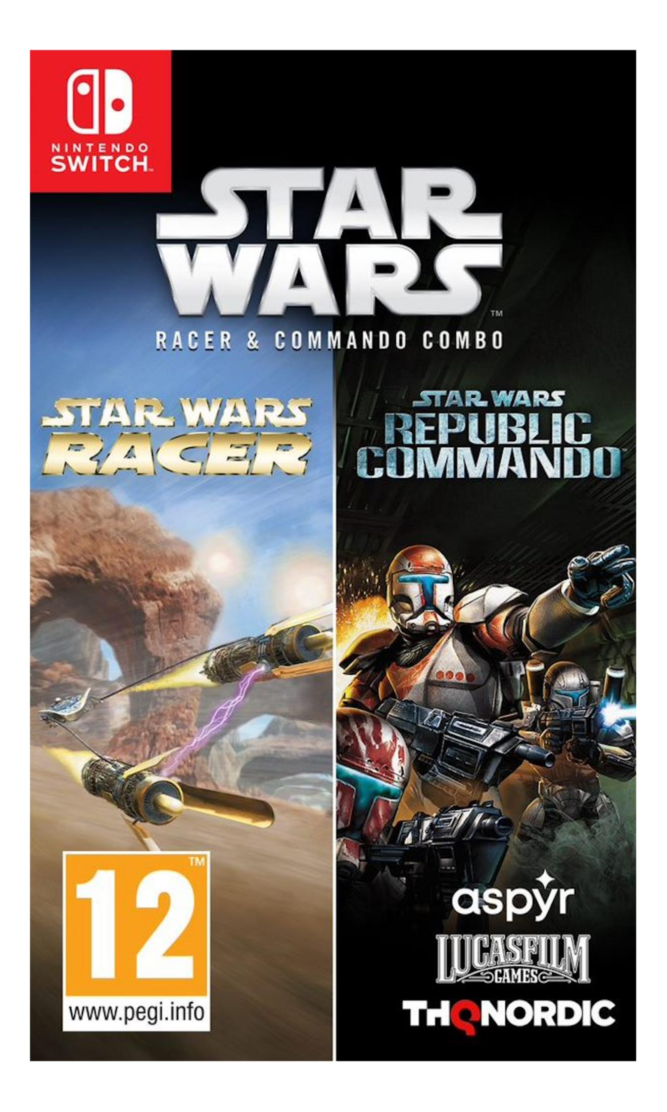Okładka Nintendo Switch Star Wars: Racer & Commando Combo. Lewo: Podracer. Prawo: Klonerzy.