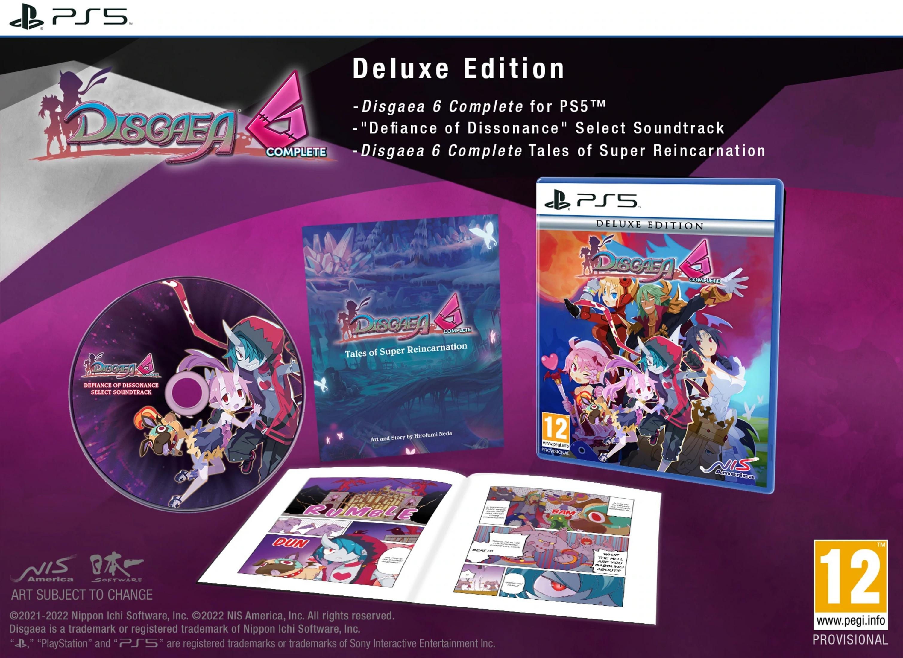 Disgaea 6 Deluxe Edition für PS5, Soundtrack und Artbook mit Anime-Charakteren.