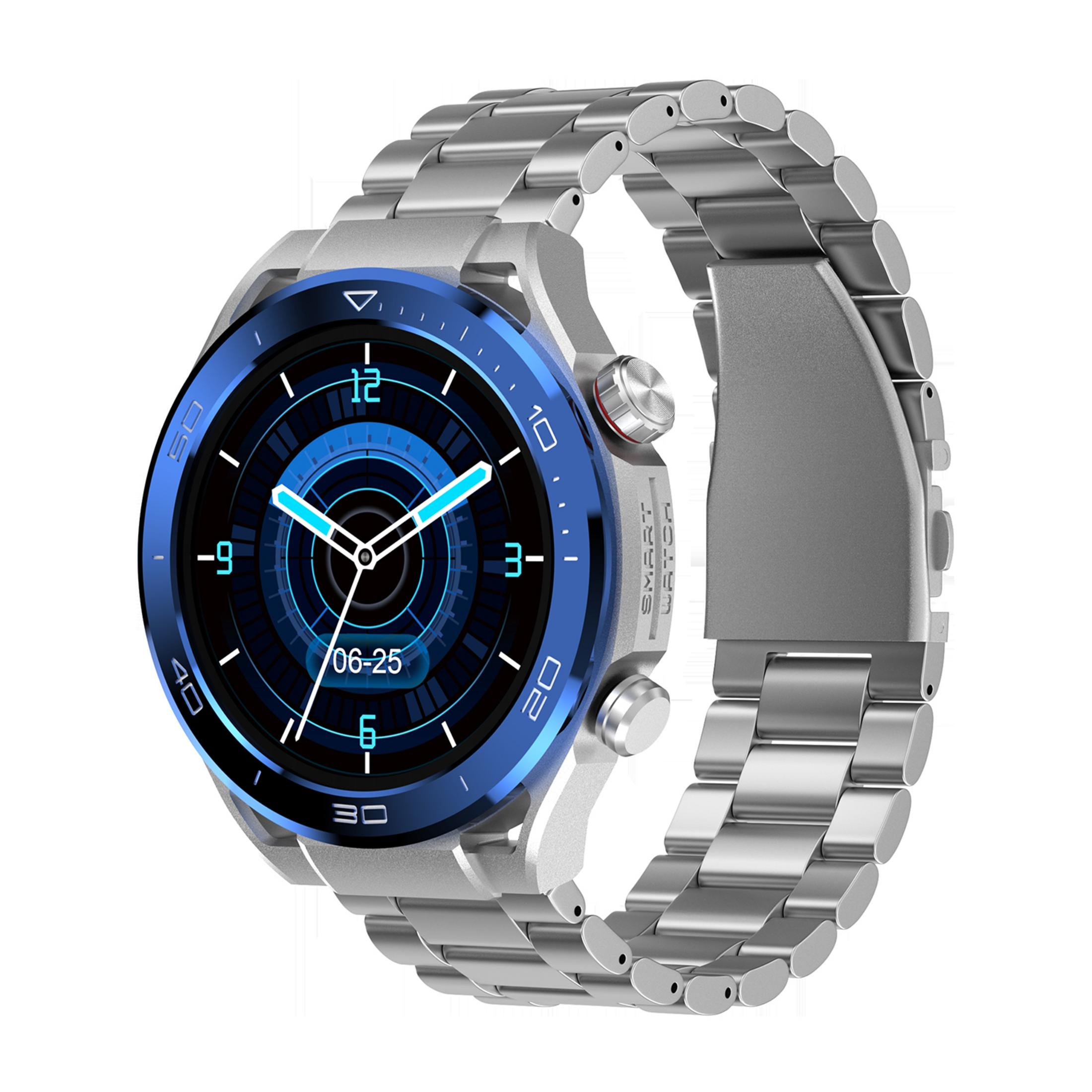 Smartwatch argentata con display digitale blu e cinturino in metallo.