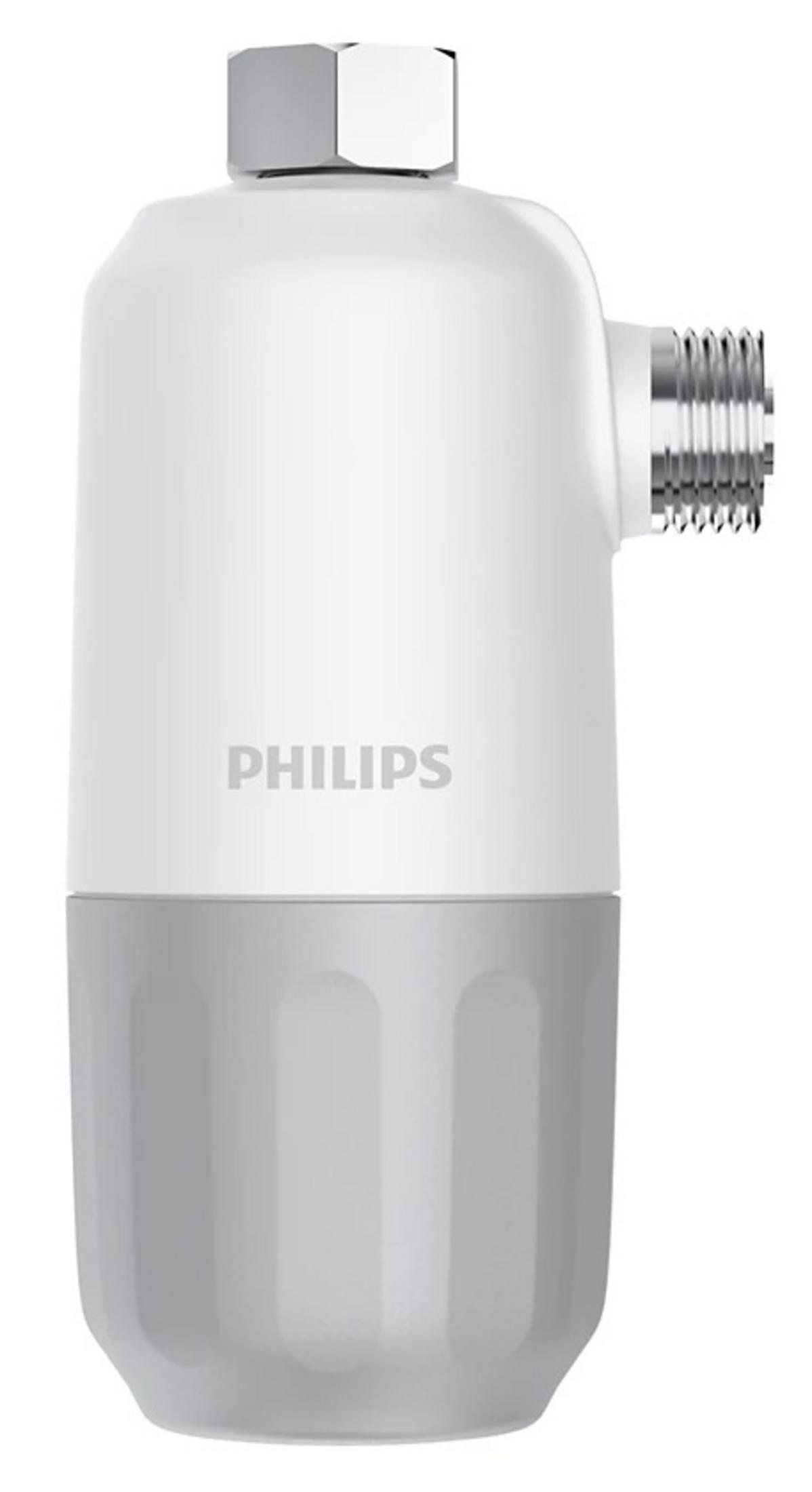 Weißer Philips Wasserfilter mit silbernem Anschluss oben und unten.