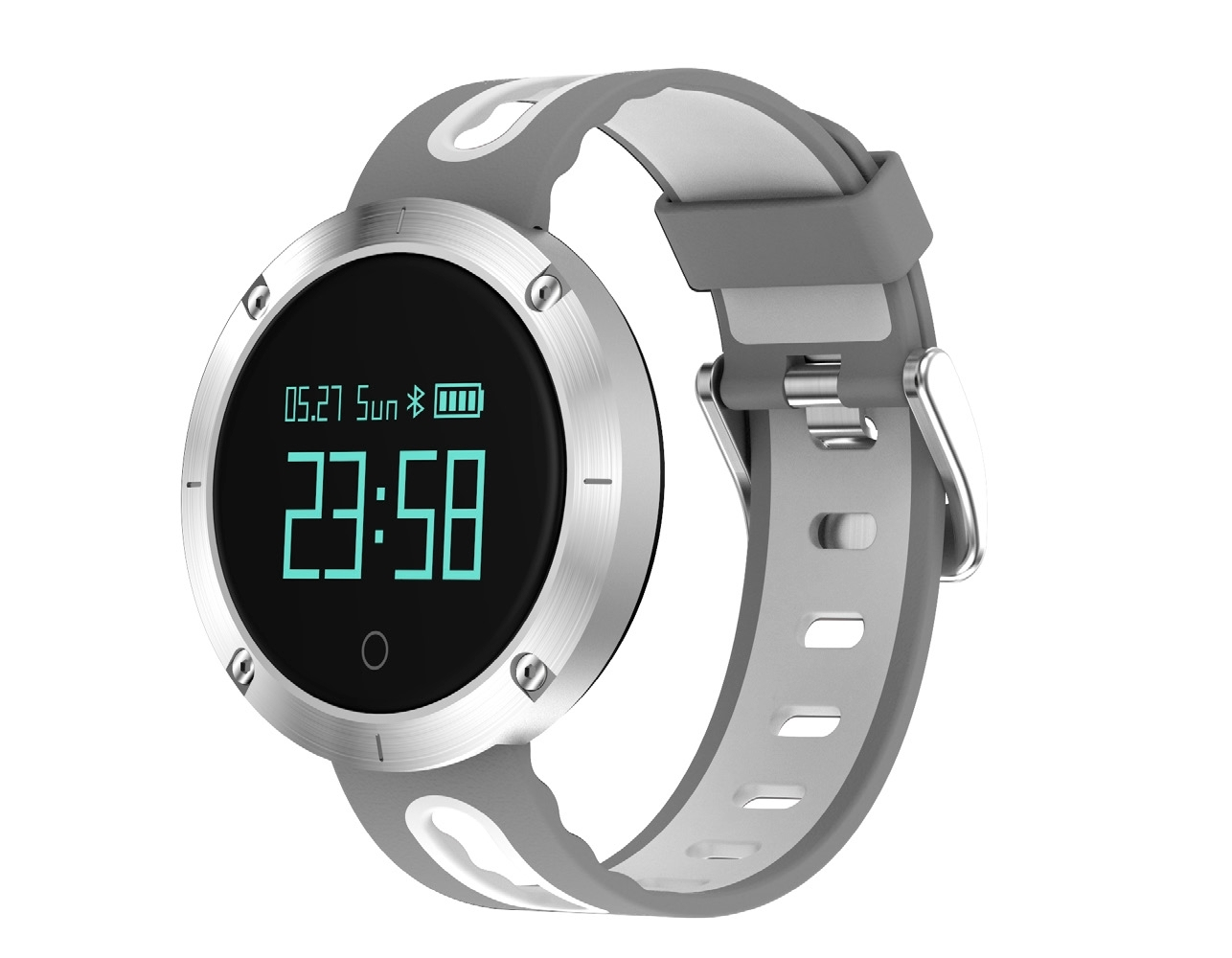 Orologio smart grigio con cassa argentata che mostra l'ora digitale 23:58.