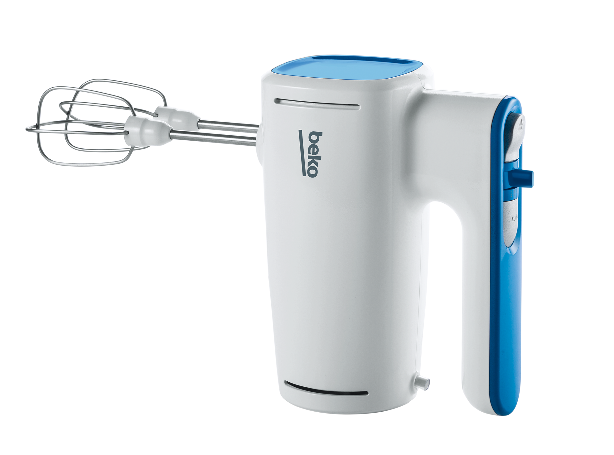 Ein weißer Handmixer mit blauen Akzenten und Edelstahl-Rührbesen.