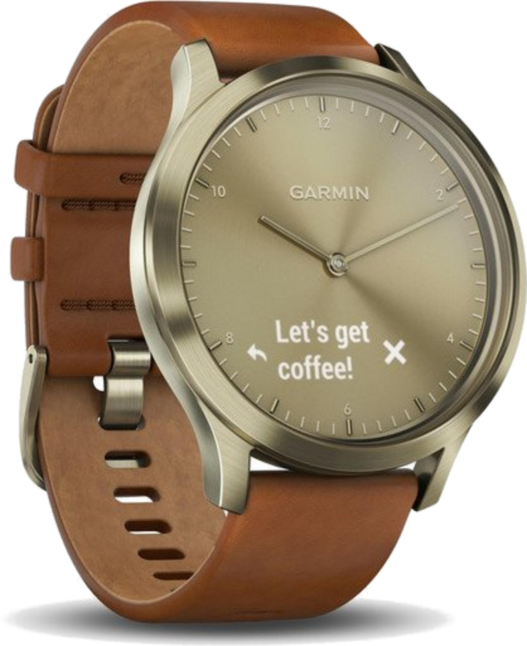 Garmin Smartwatch mit braunem Lederarmband und goldenem Zifferblatt. Nachricht: Let's get coffee!