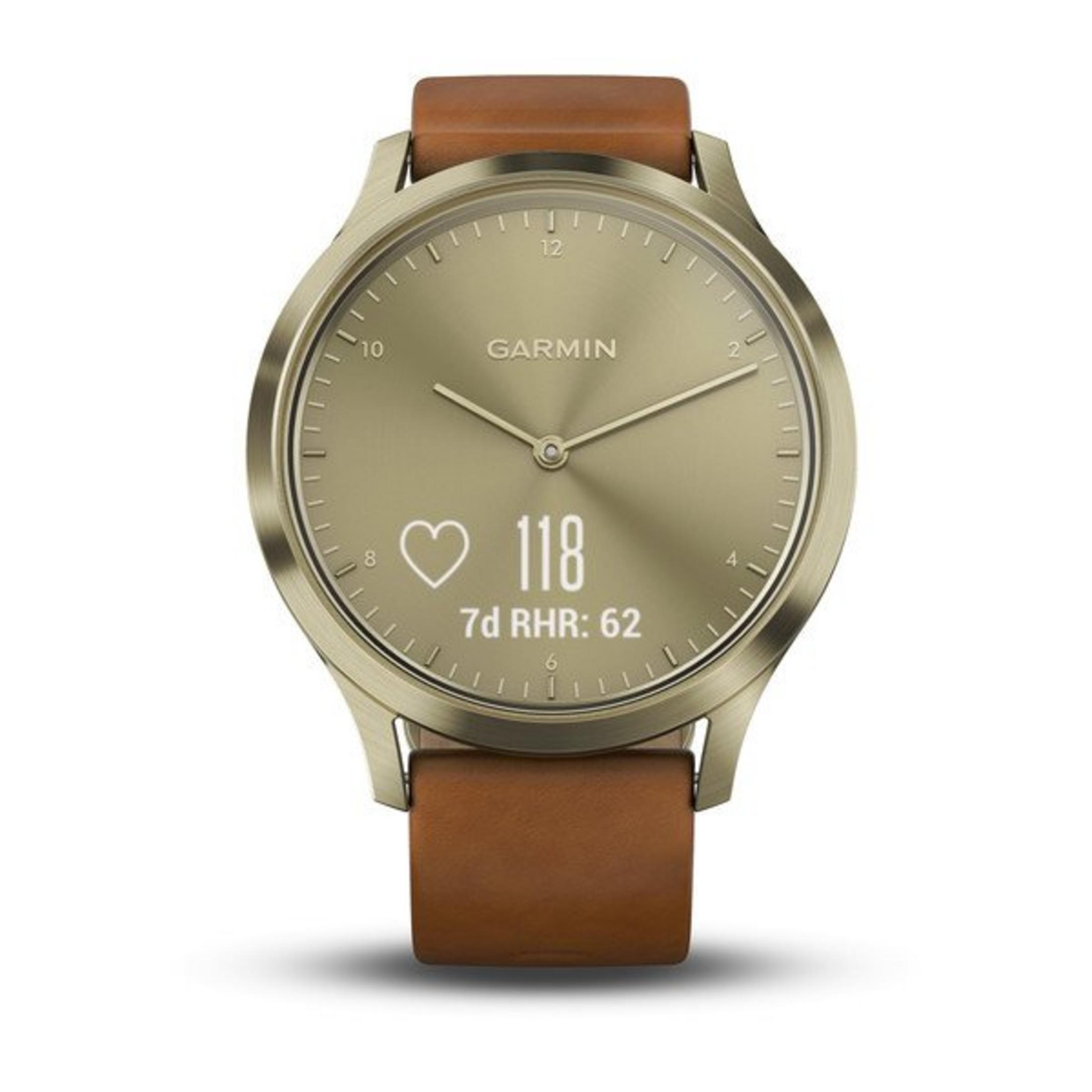 Eine goldene Garmin Smartwatch mit braunem Lederarmband und Herzfrequenzanzeige.