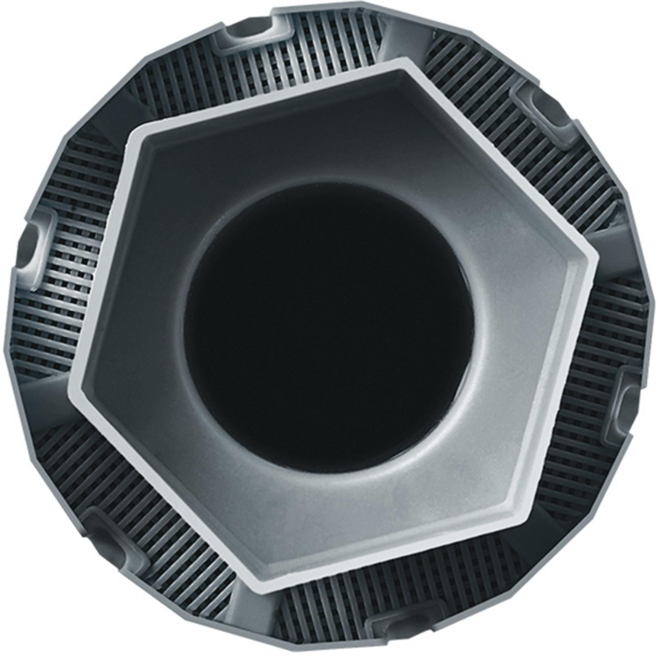 Filtro grigio esagonale con centro nero e fessure di ventilazione.