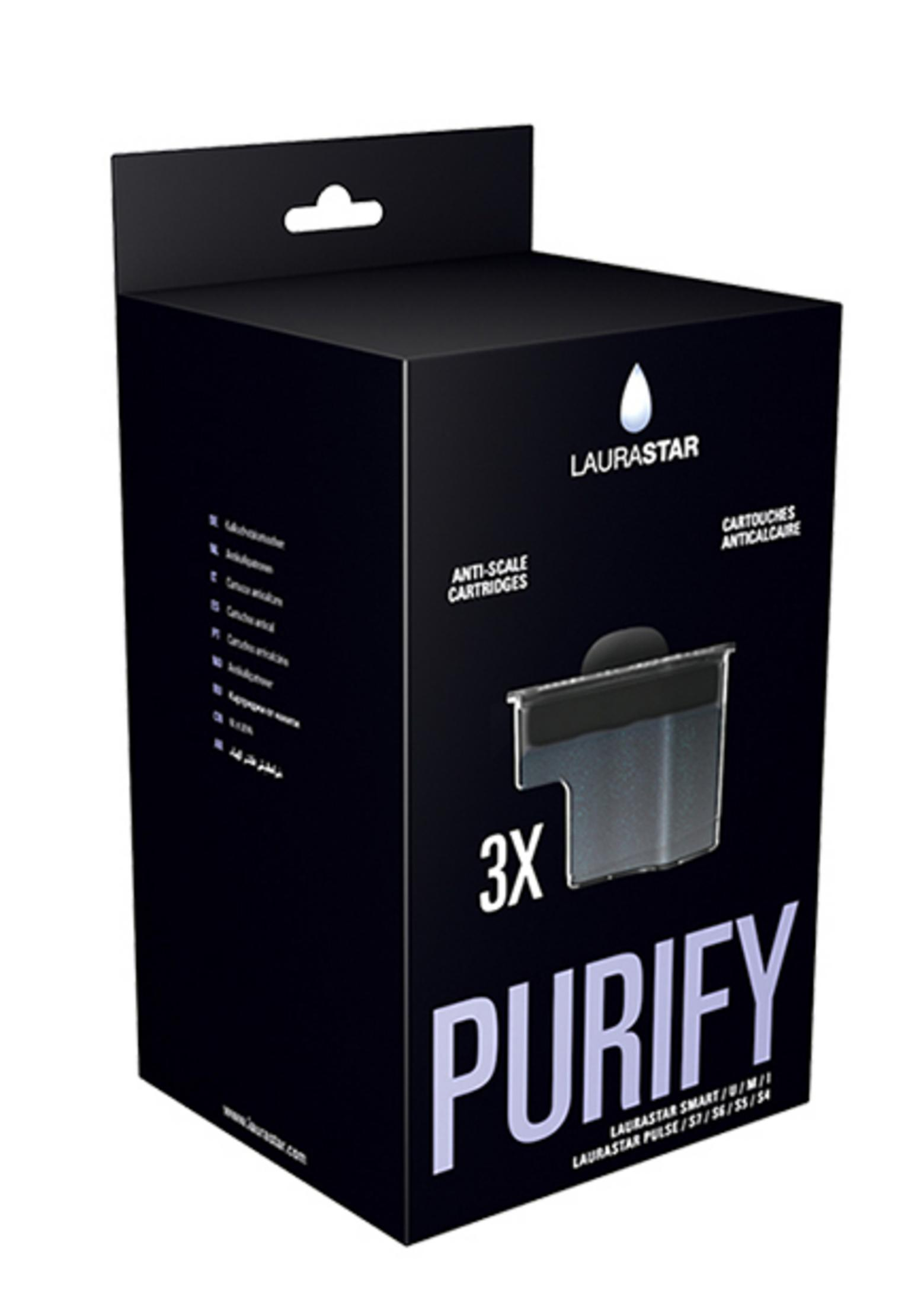 Eine schwarze Box zeigt drei Anti-Kalk-Kartuschen von Laurastar.