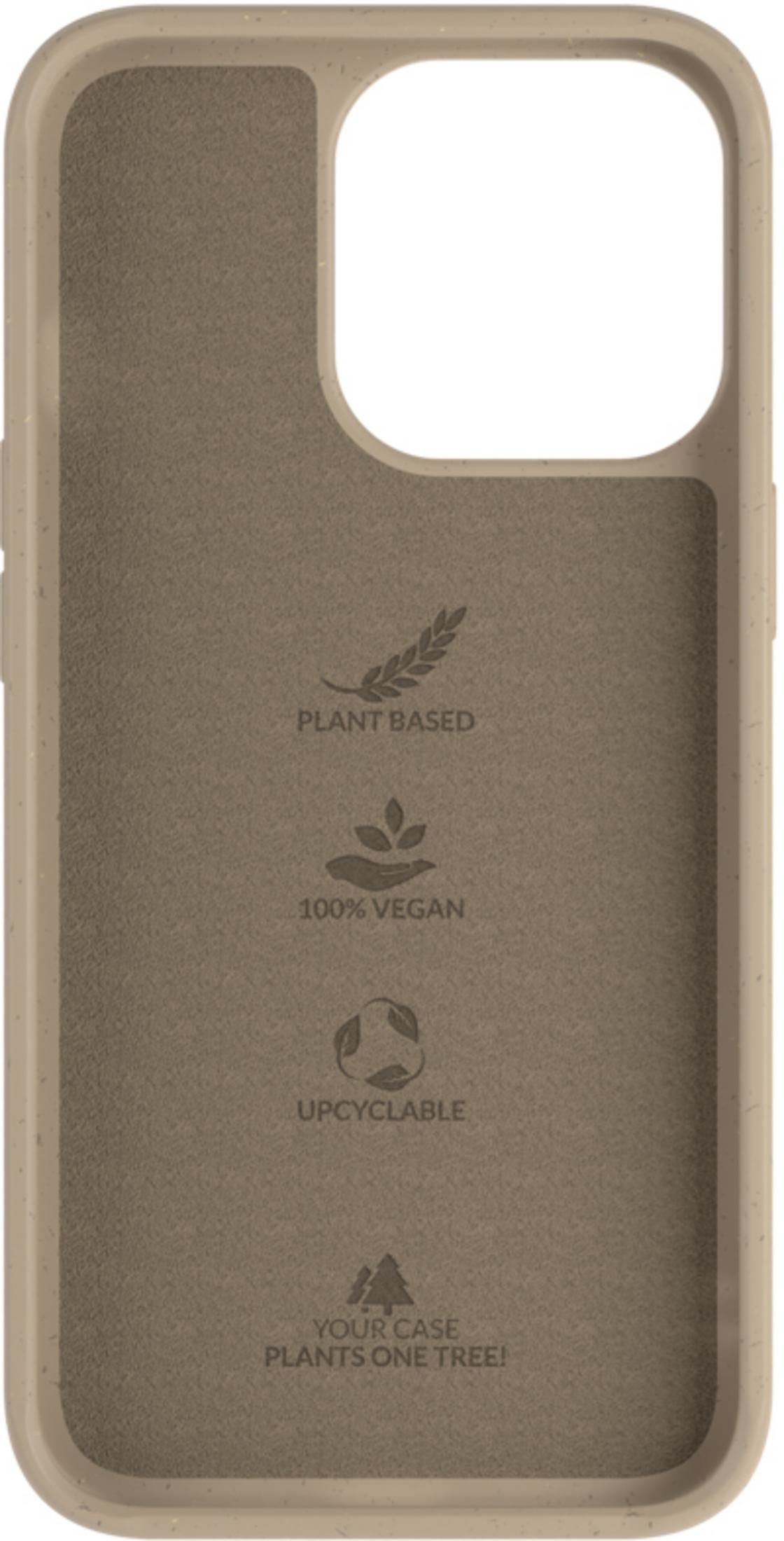 Una cover per telefono color cuoio con scritte: vegetale, 100% vegan, riciclabile.