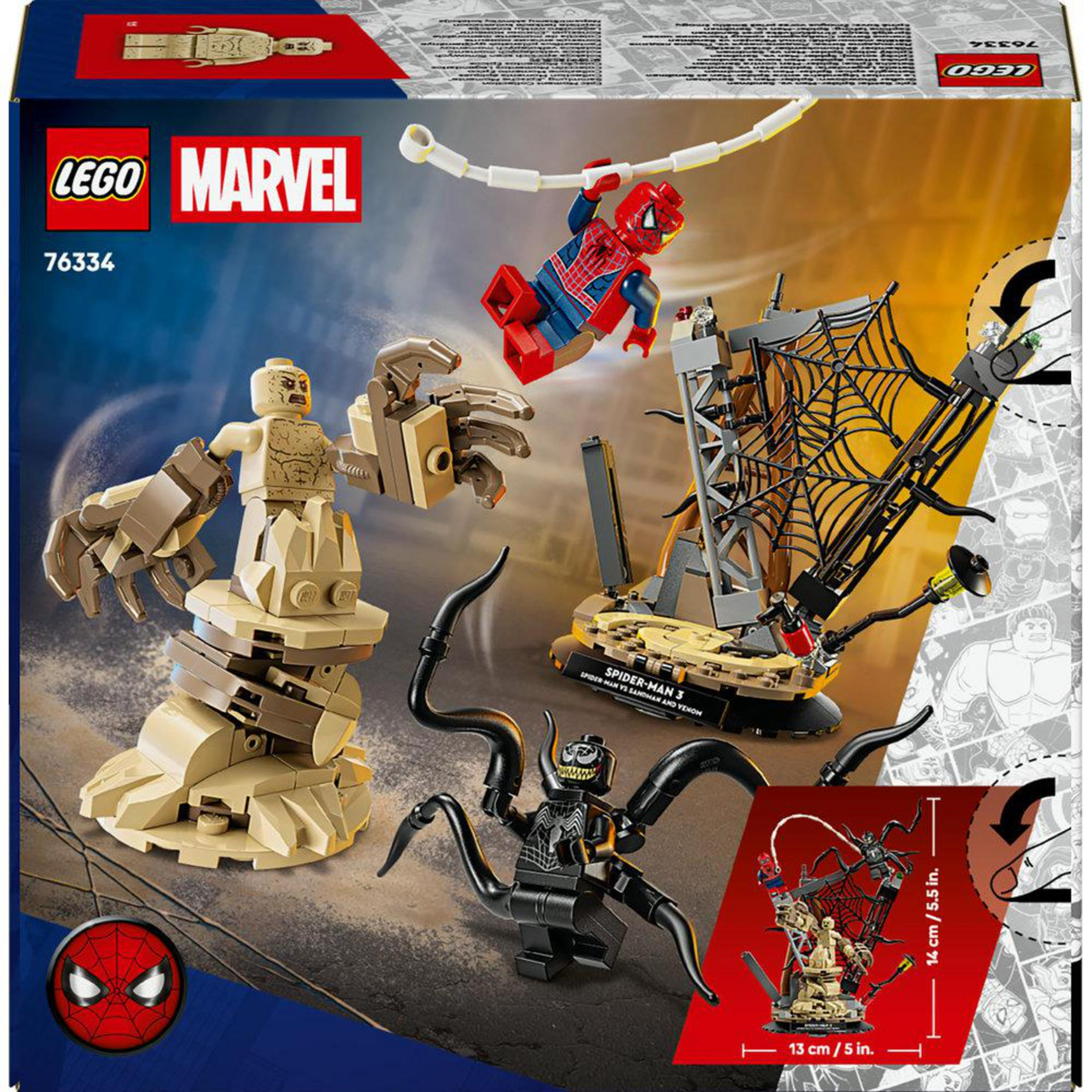 Zestaw LEGO Marvel z minifigurkami Spider-Mana, Człowieka Piasku i Venoma walczących.