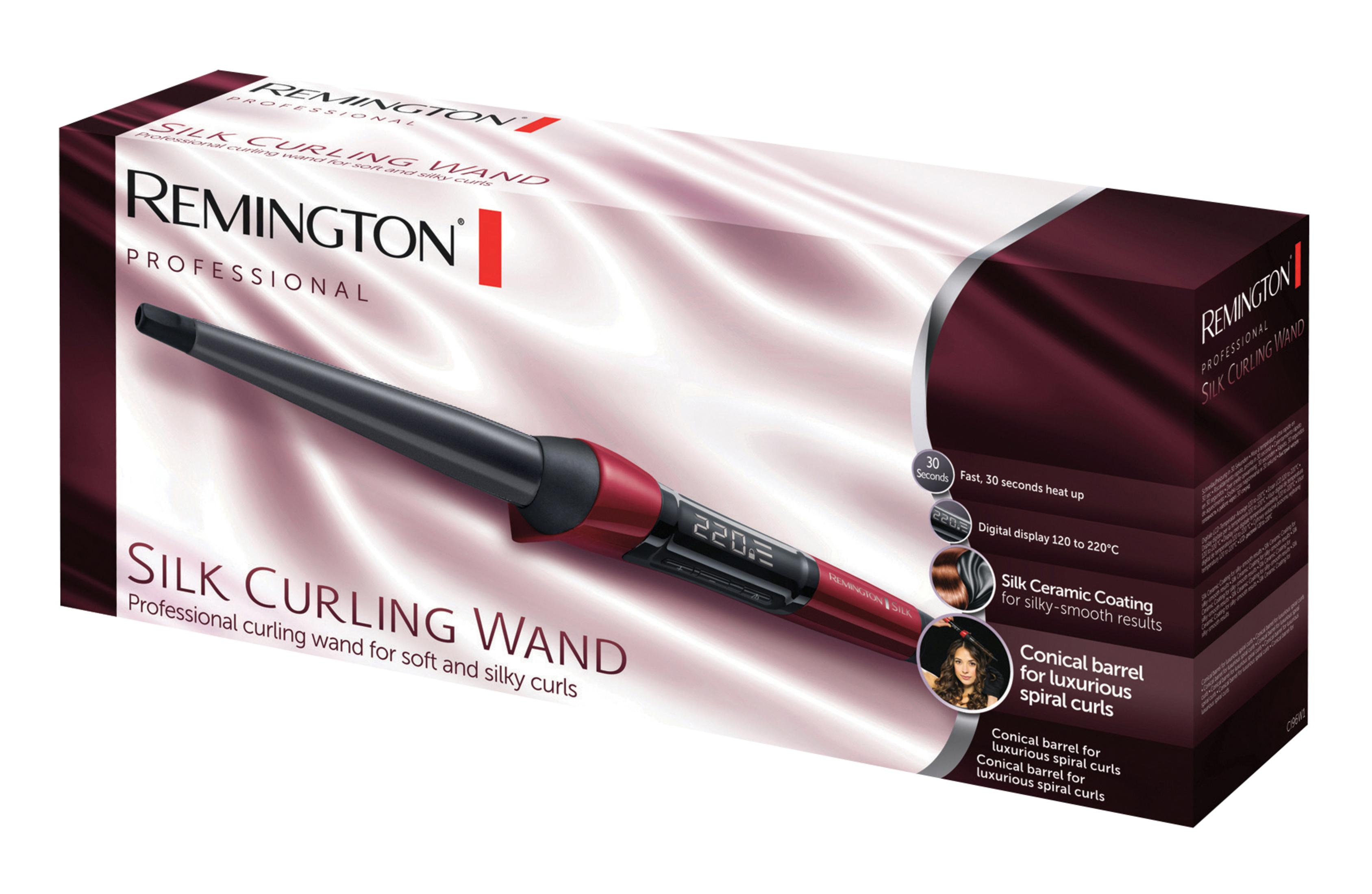 Remington Silk Lockenstab-Verpackung mit roten und schwarzen Akzenten und Produktbild.