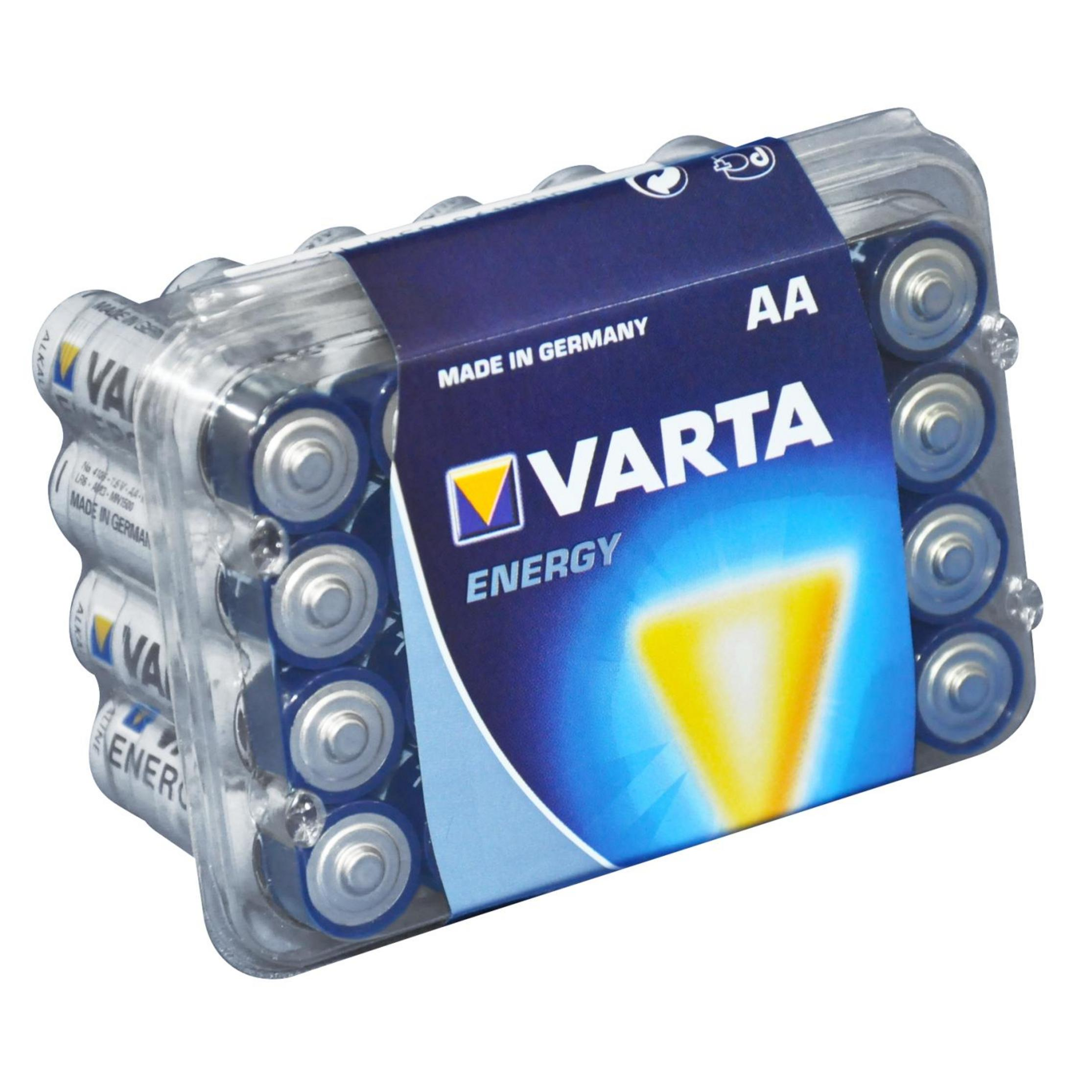 Varta AA batteries in clear plastic packaging, made in Germany.