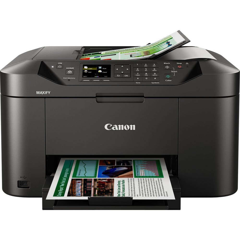 Une imprimante Canon MAXIFY noire avec du papier dans le chargeur et une feuille imprimée.