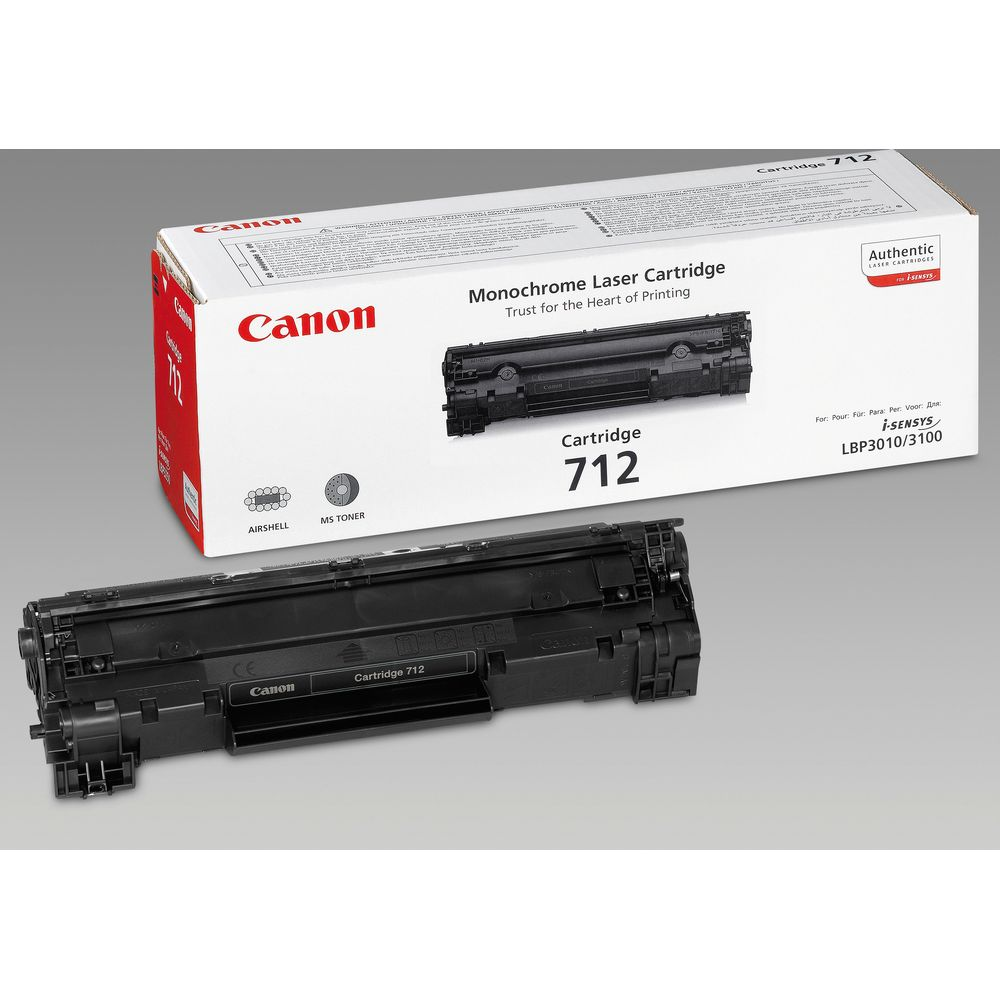 Cartouche de toner Canon 712 noire avec emballage et texte.