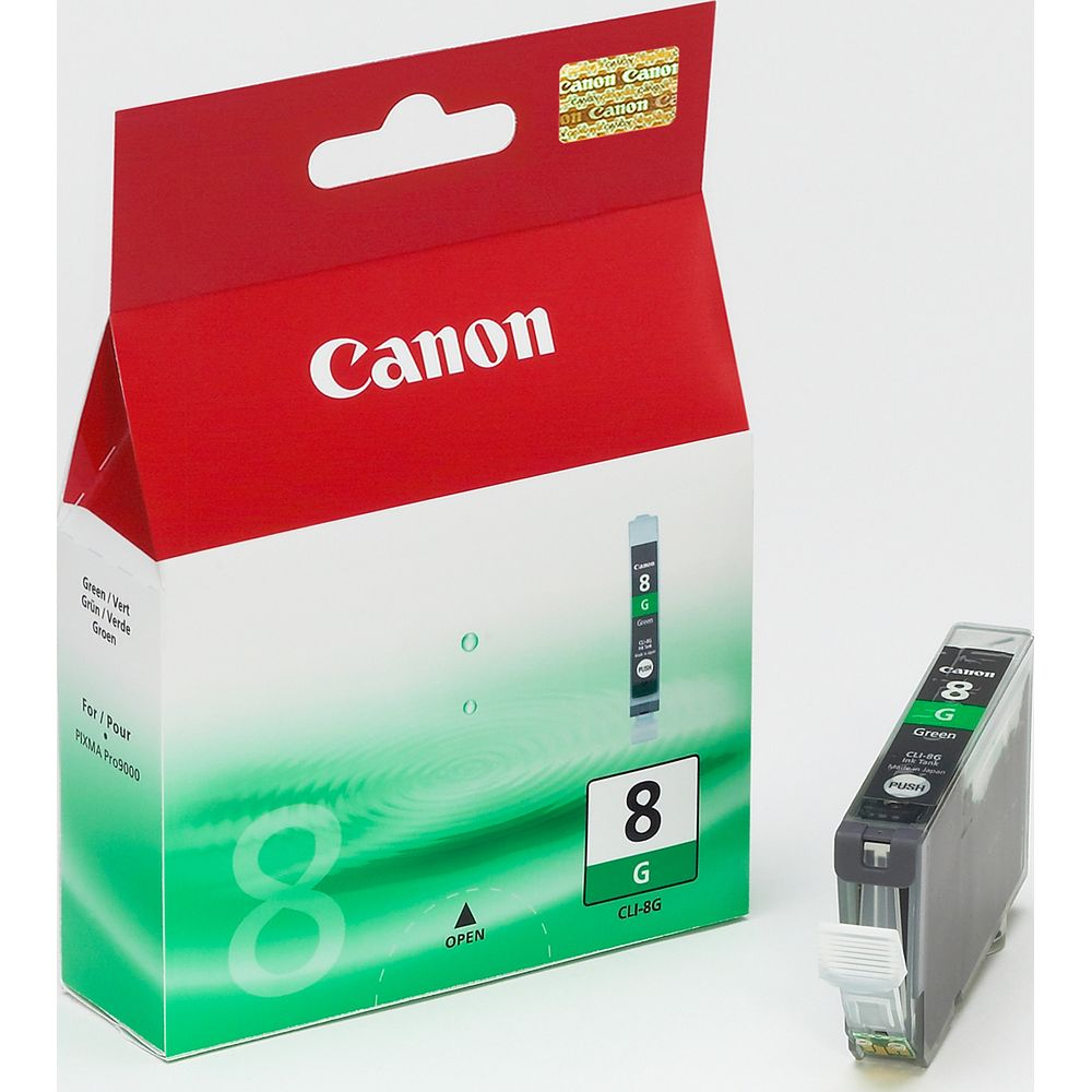 Een Canon CLI-8G groene inktcartridge en de verpakking.