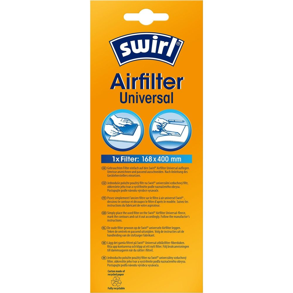 Confezione Swirl Airfilter Universal con istruzioni e immagine prodotto.