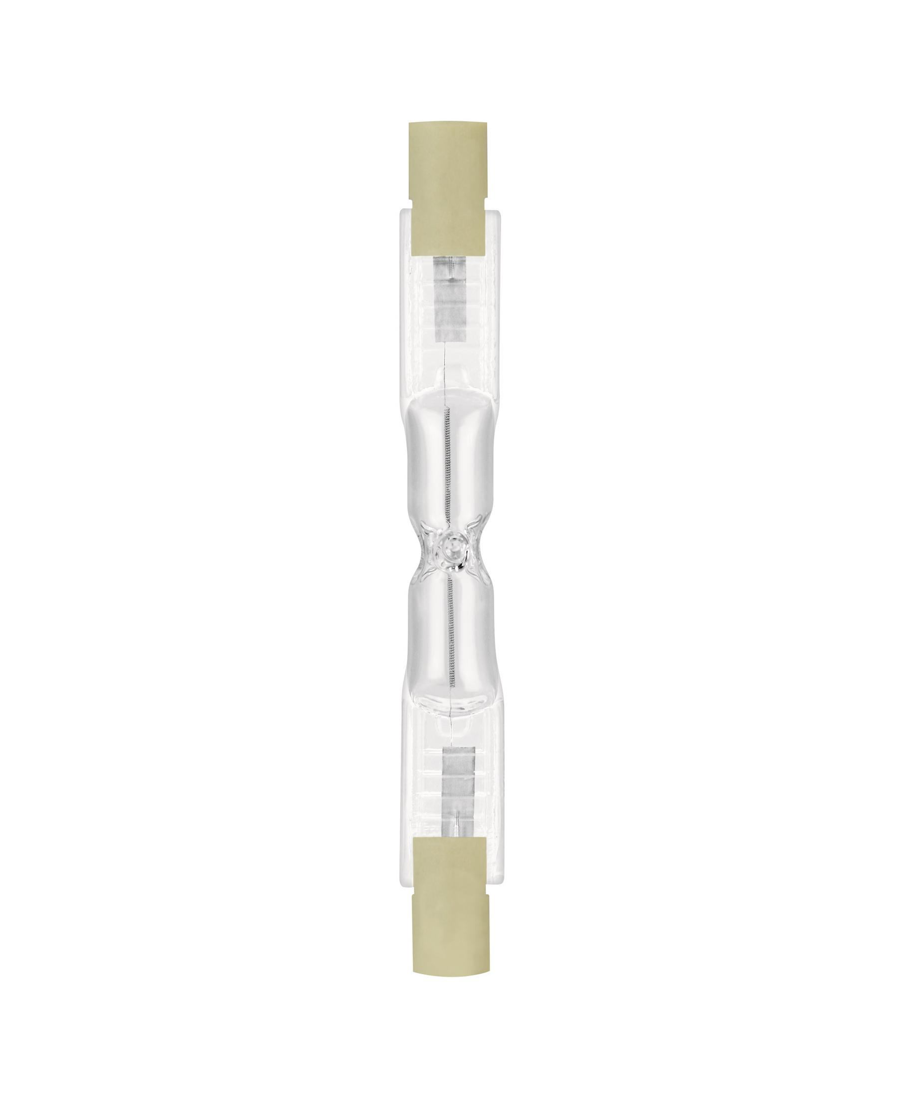Een doorzichtige halogeenlamp met een smal middengedeelte en beige uiteinden.