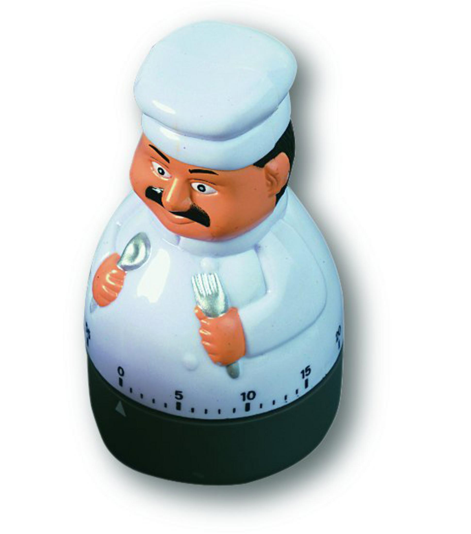 Kuchenny minutnik szefa kuchni trzymający sztućce, ze skalą.