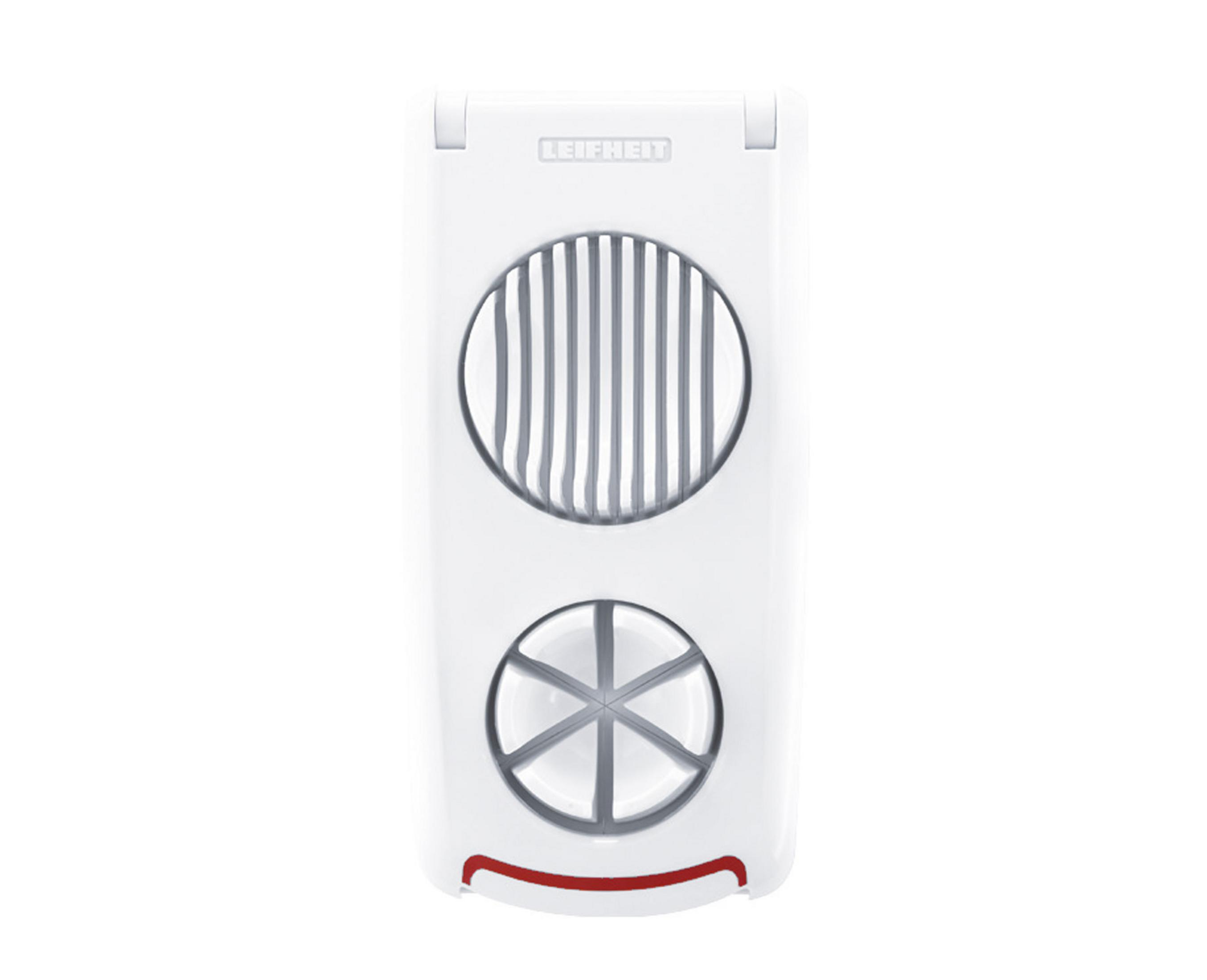 Ein weißer Eierschneider mit dem Leifheit-Logo und zwei Schneidgittern.