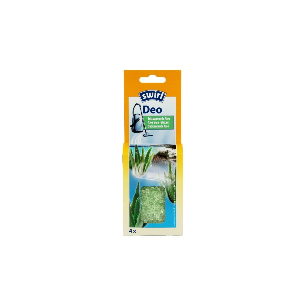Swirl Deo con Aloe Vera: Granuli profumati in confezione verde con piante di aloe.