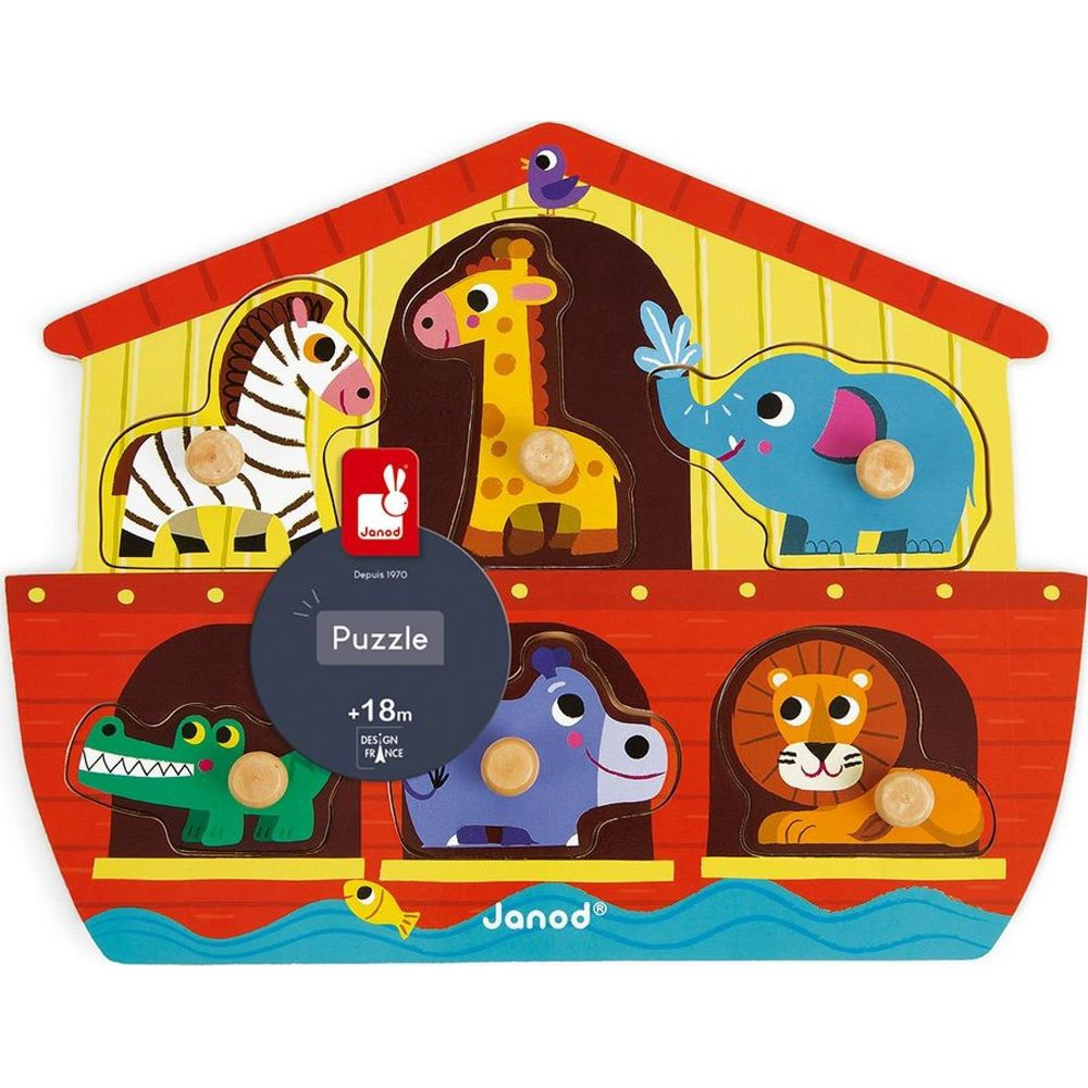 Drewniana układanka Arka Noego ze zwierzętami: zebra, żyrafa, słoń, hipopotam, lew, krokodyl, ryba.