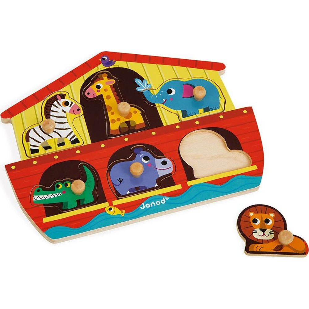 Drewniana układanka Arka Noego ze zwierzętami: zebra, żyrafa, słoń, hipopotam, krokodyl.