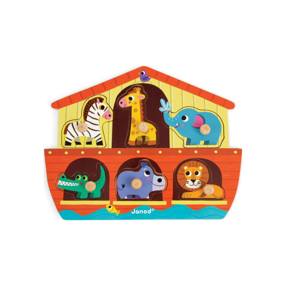Puzzle Arka Noego z zebrą, żyrafą, słoniem, krokodylem, hipopotamem i lwem.