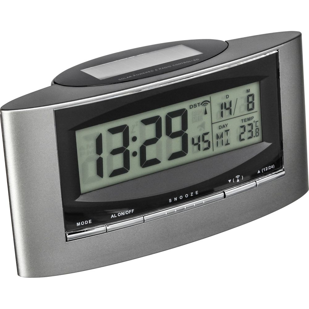 Digitaluhr zeigt 13:29, Datum, Temperatur 23.6C und Solarbetrieben an.