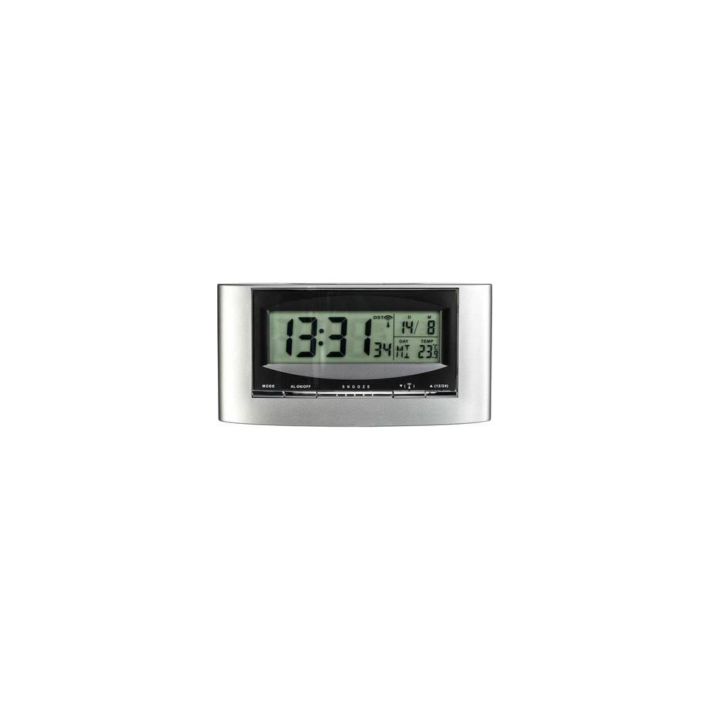 Silberner Digitalwecker zeigt 13:31, Datum 14/8, Tag Mi, 23.5 Grad.