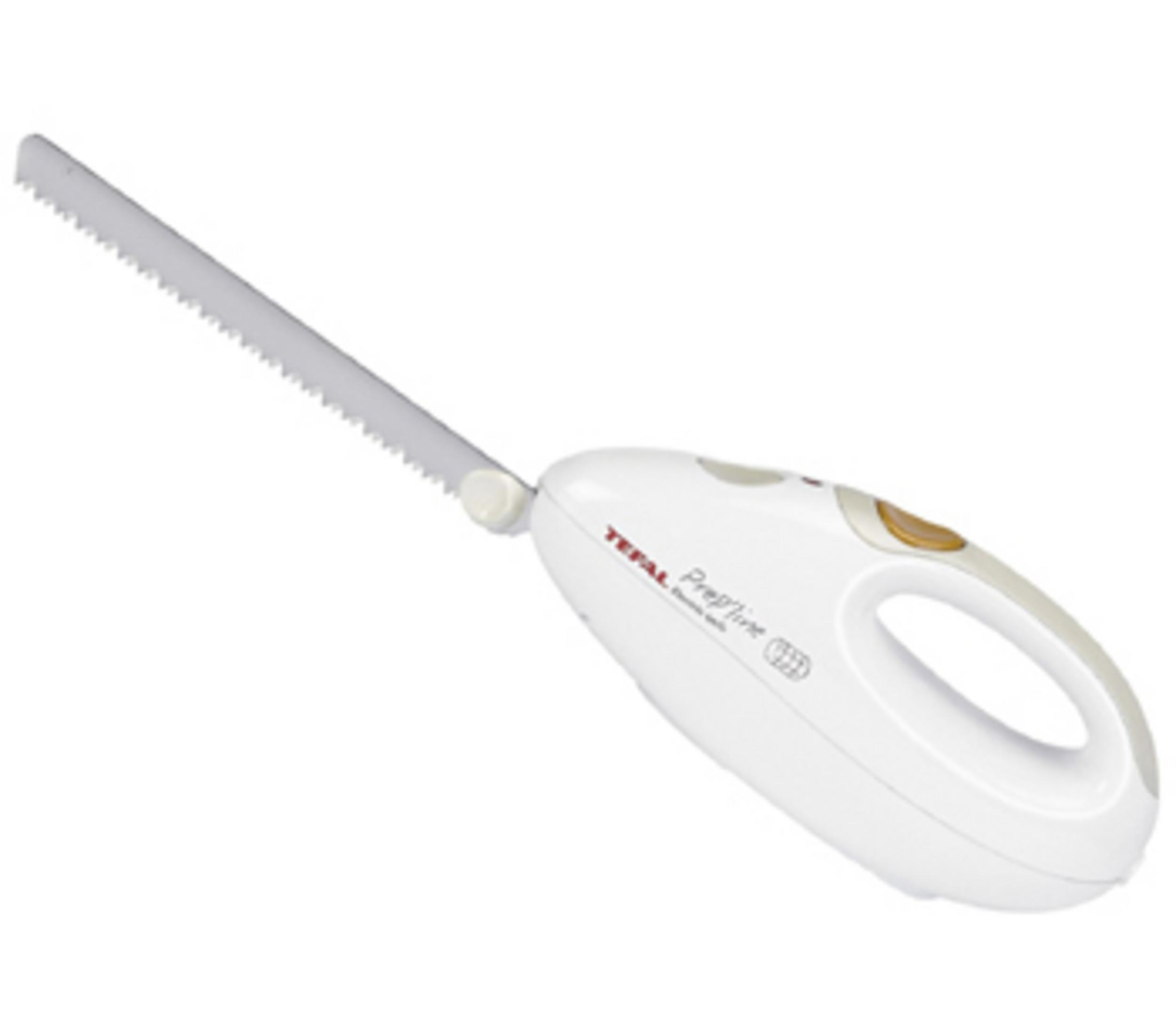 Ein weißes elektrisches Messer mit silberner Klinge und Griff.