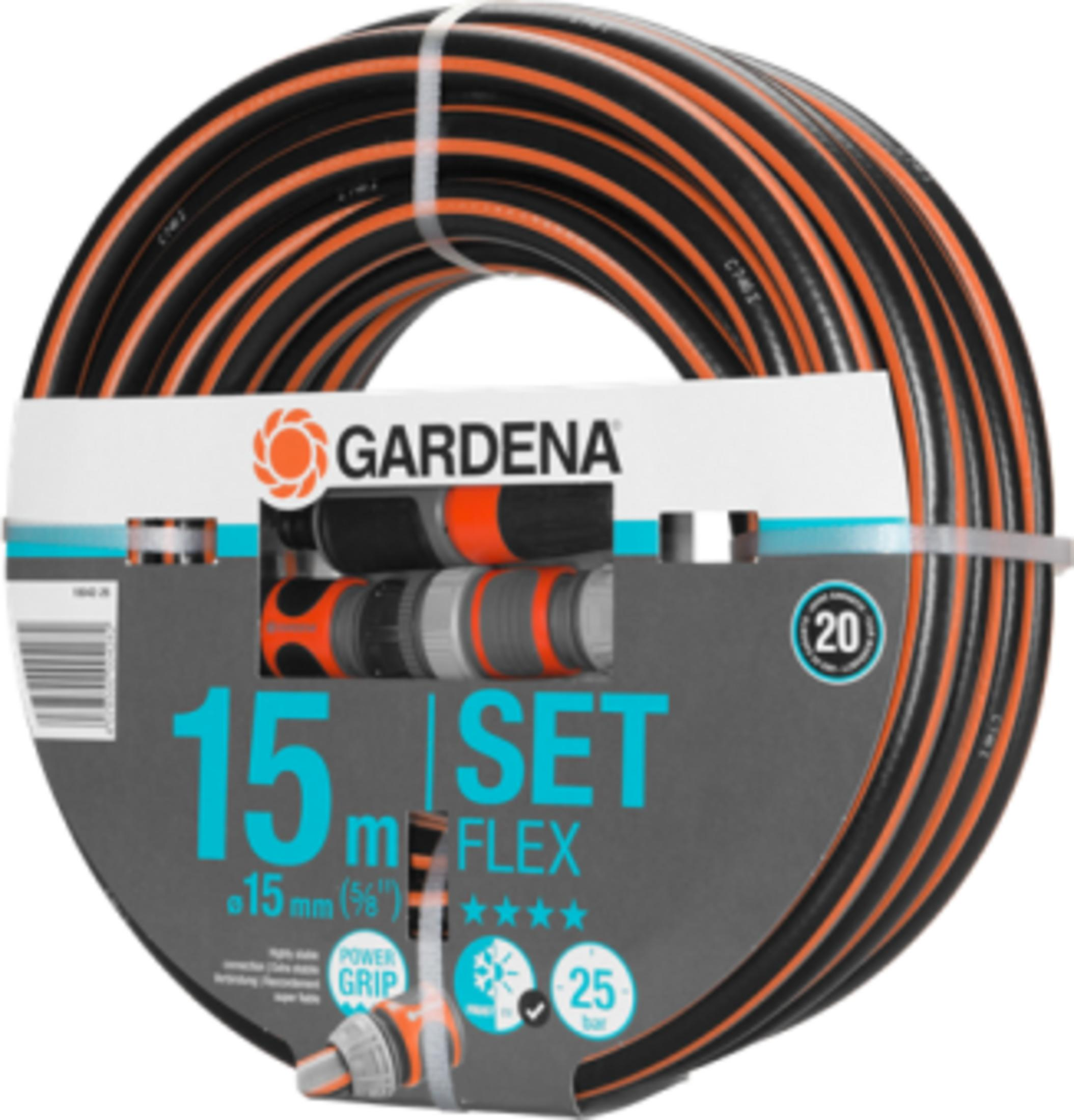 Gartenschlauch-Set von Gardena, 15m lang, schwarz-orange, 15mm Durchmesser.