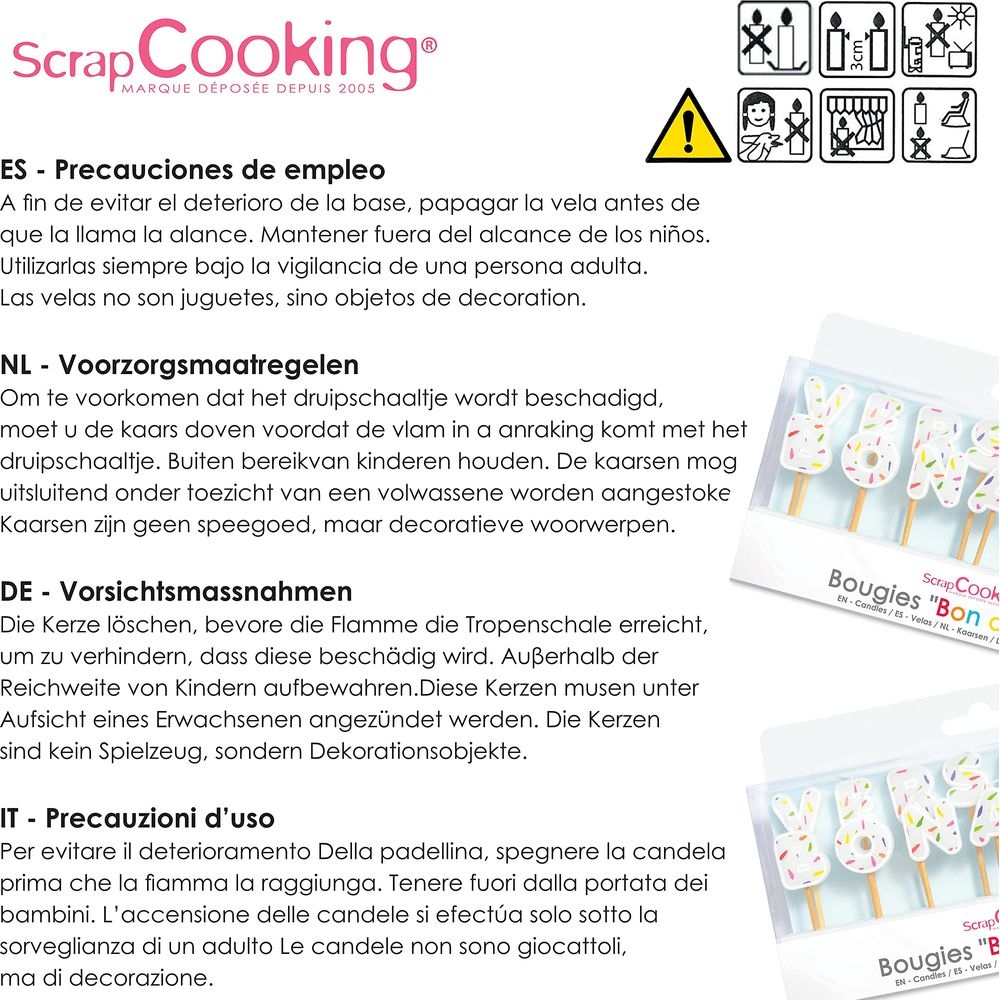 Mehrsprachige Warnhinweise und Produktinformationen für Kerzen.