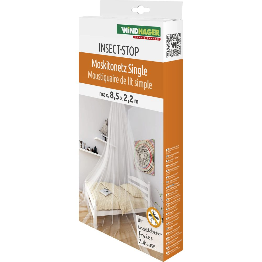 Verpackung eines Moskitonetzes für ein Einzelbett mit Aufdruck.