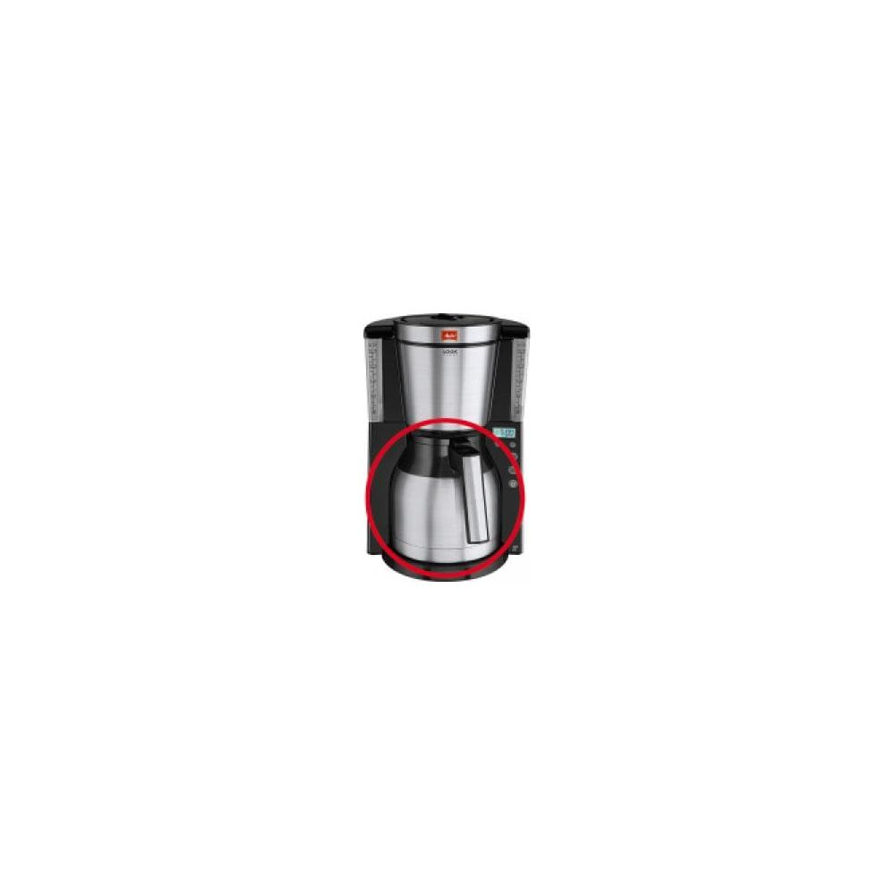 Eine schwarze Kaffeemaschine mit Thermoskanne und silbernem Filterhalter.