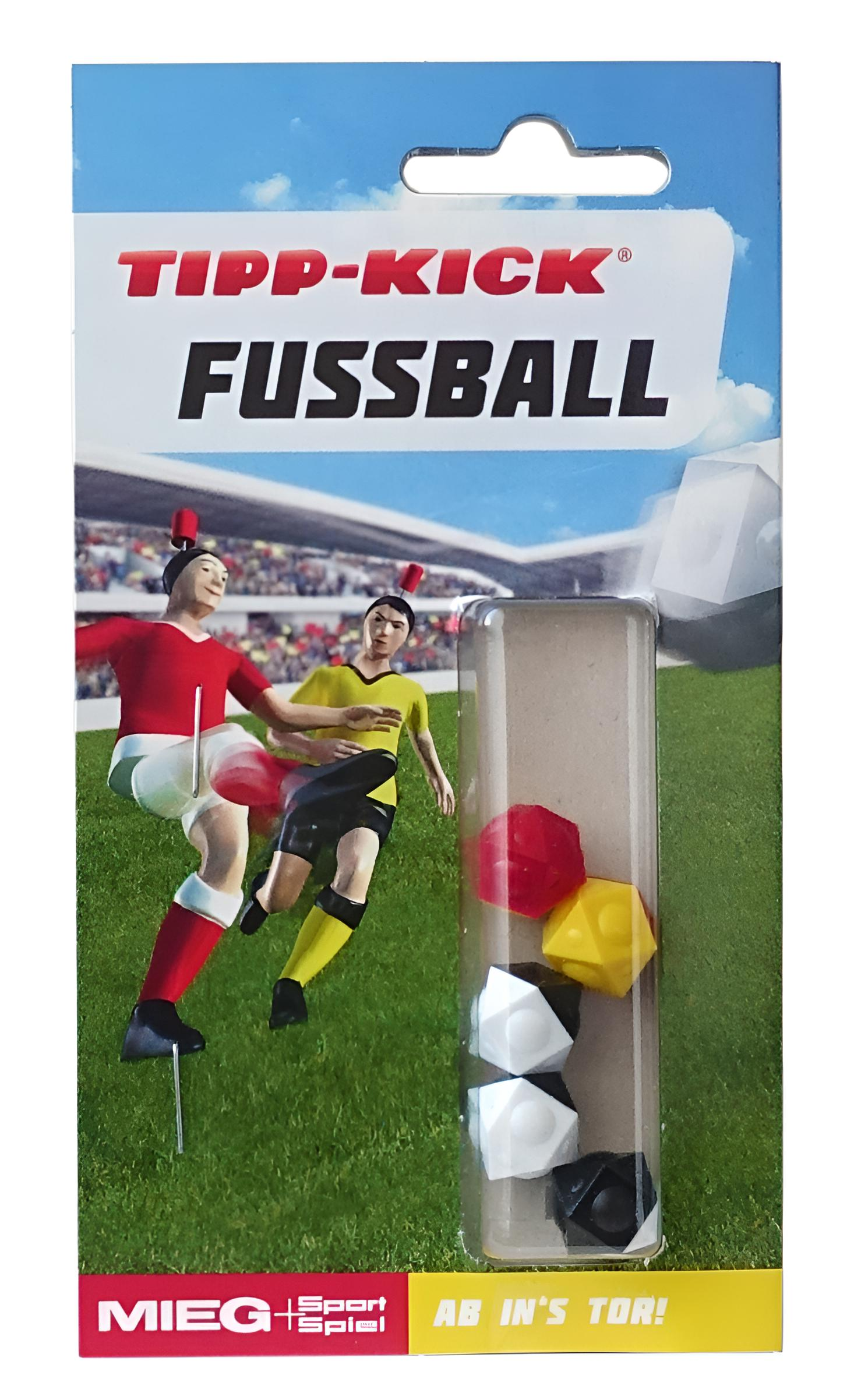Verpackung für ein Tipp-Kick Fußballspiel mit Figuren und Bällen.