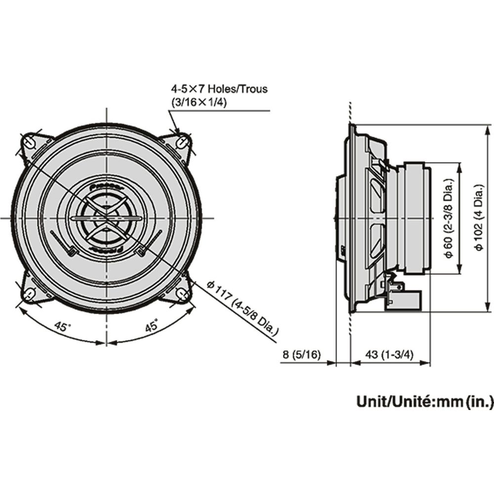 Dessin technique d'un haut-parleur avec dimensions et spécifications de cercle de trous.