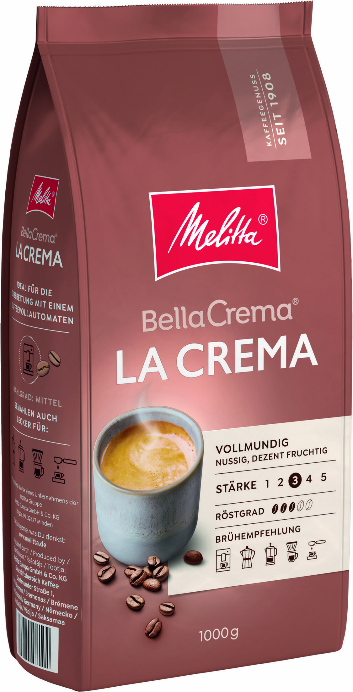 Eine braune Kaffeepackung mit einer dampfenden Tasse Kaffee und Kaffeebohnen.