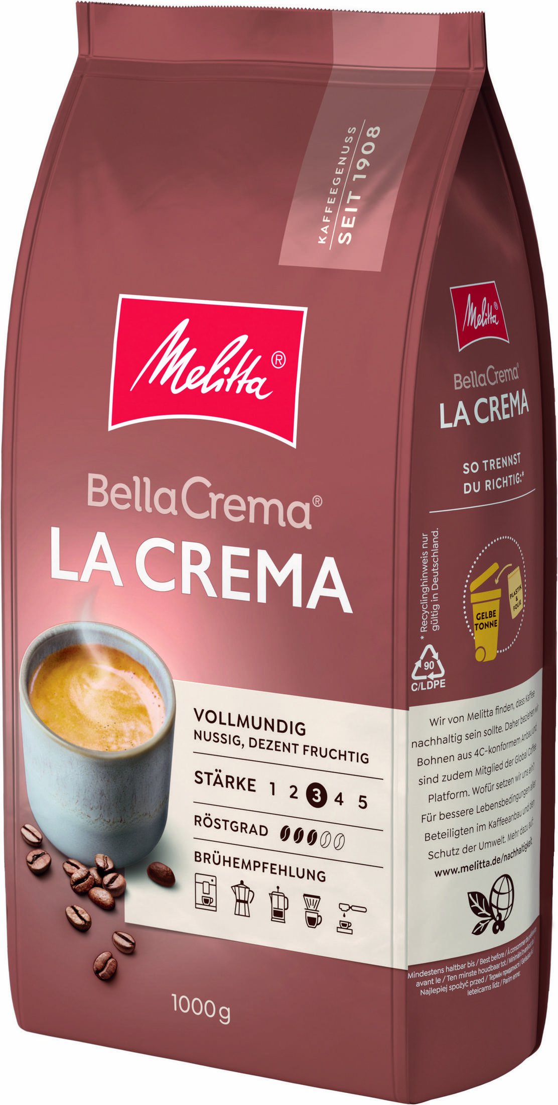 Eine braune Kaffeepackung mit Melitta Bella Crema LA CREMA Schriftzug und einer Tasse Kaffee.