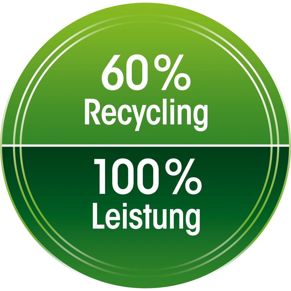 Grüner Kreis mit Text: 60% Recycling, 100% Leistung.