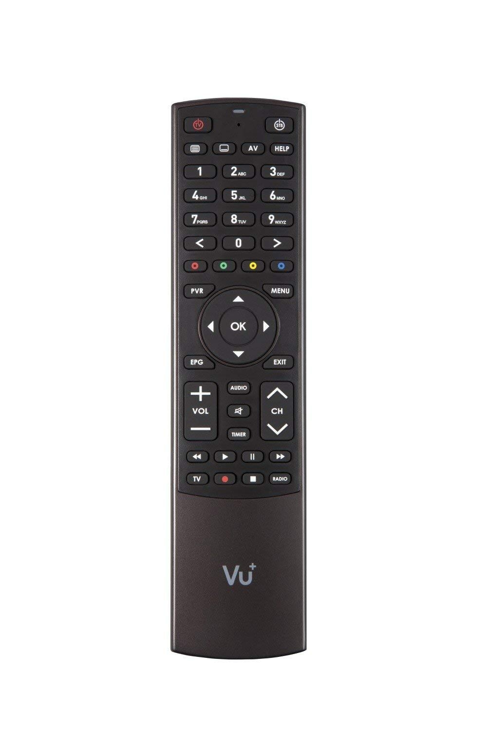 Ein schwarzer Fernbedienungs-Controller mit Tasten und dem Vu+ Logo.