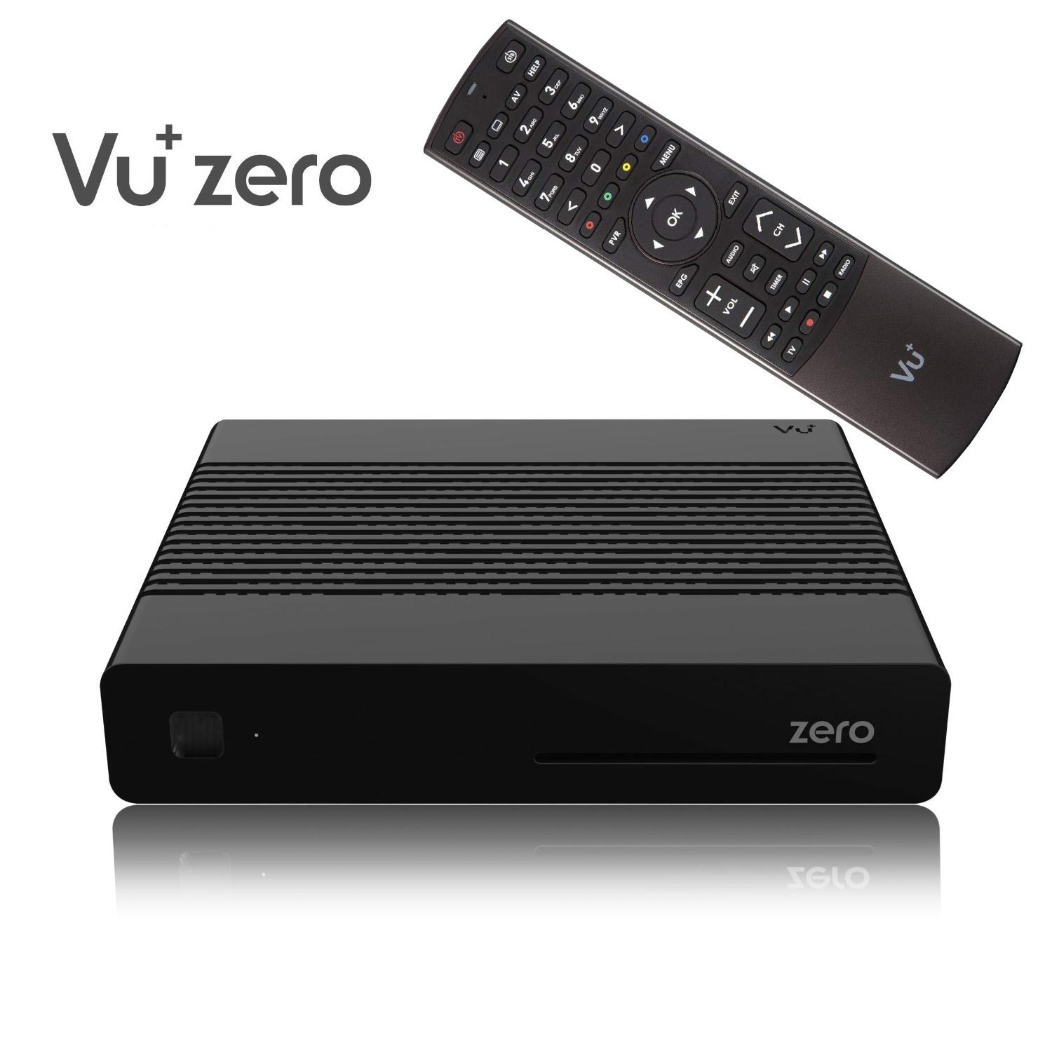Ein schwarzes Vu+ Zero Set-Top-Box und eine Fernbedienung auf weißem Hintergrund.