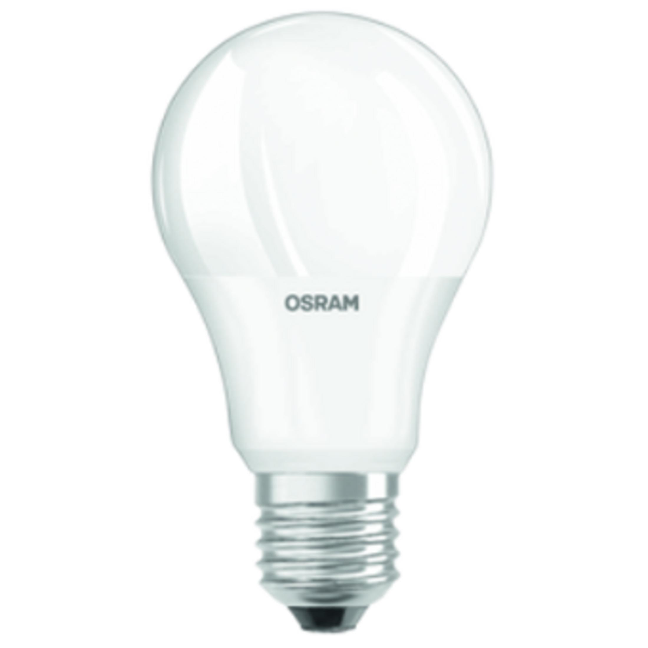 Eine weiße Osram Glühbirne mit Schraubgewinde, isoliert auf weißem Hintergrund.