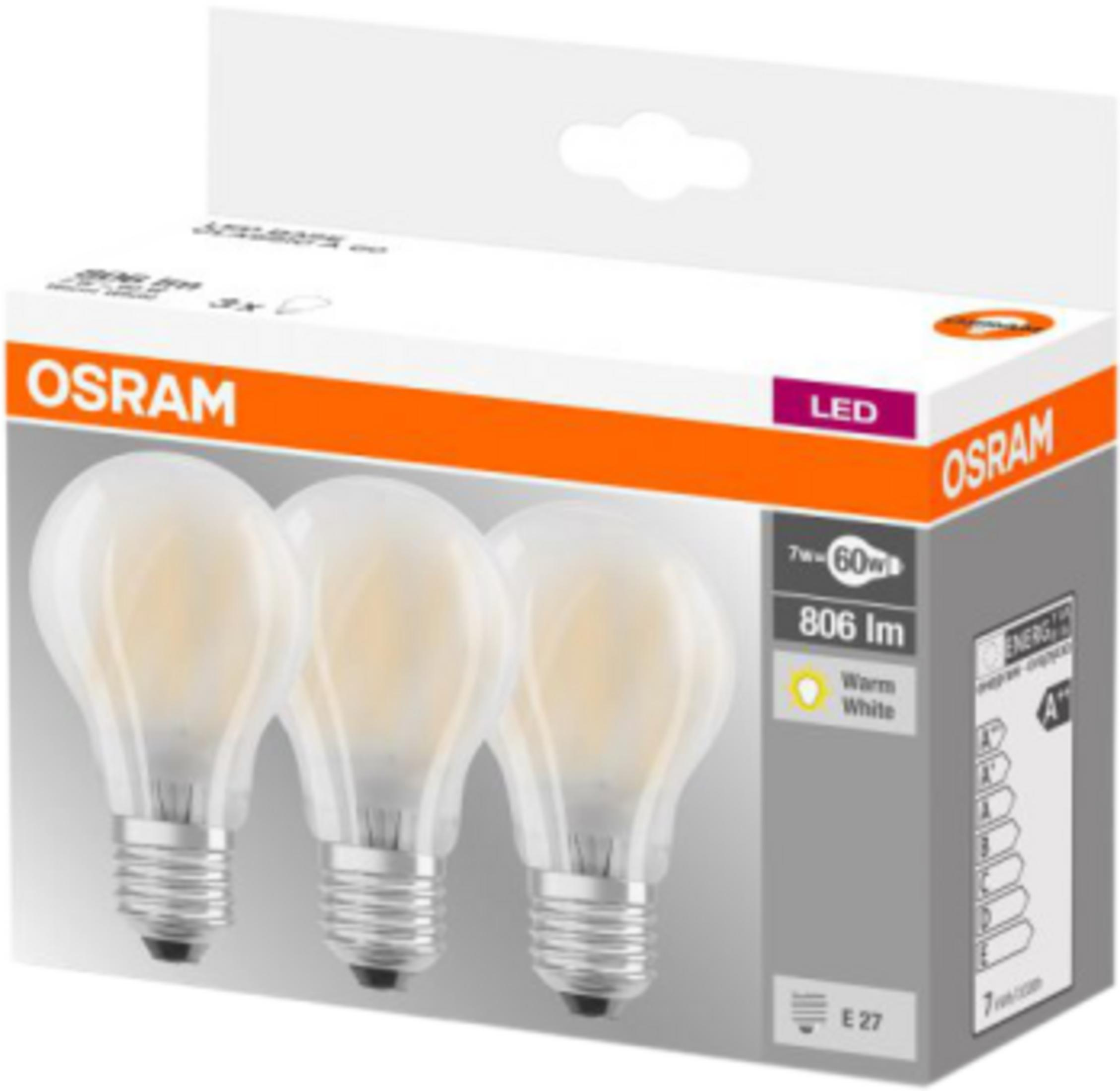 Packung mit drei Osram LED-Glühbirnen, warmweiß, 806 Lumen, E27 Sockel.