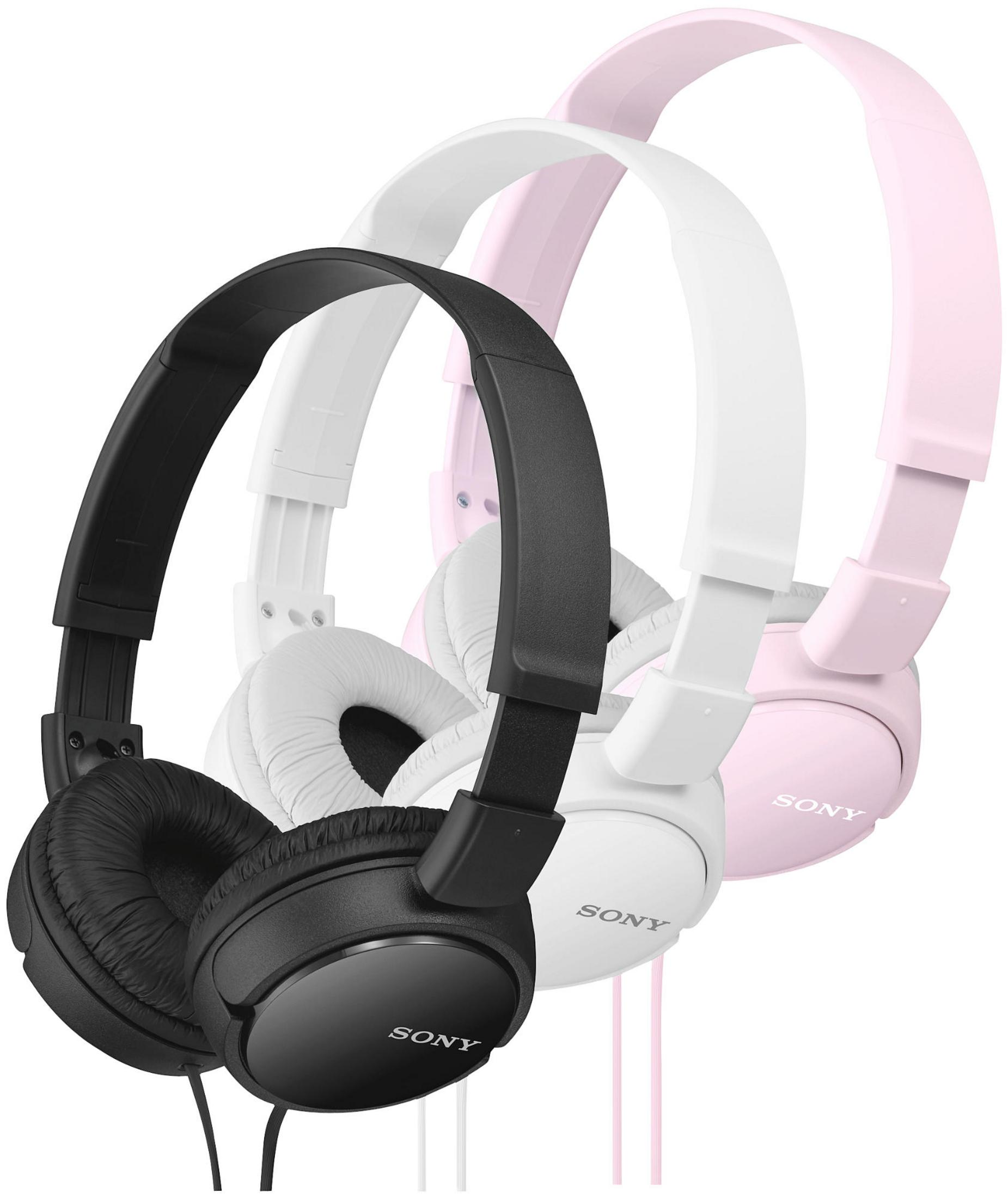 Trois casques Sony : noir, blanc et rose, côte à côte sur fond blanc.